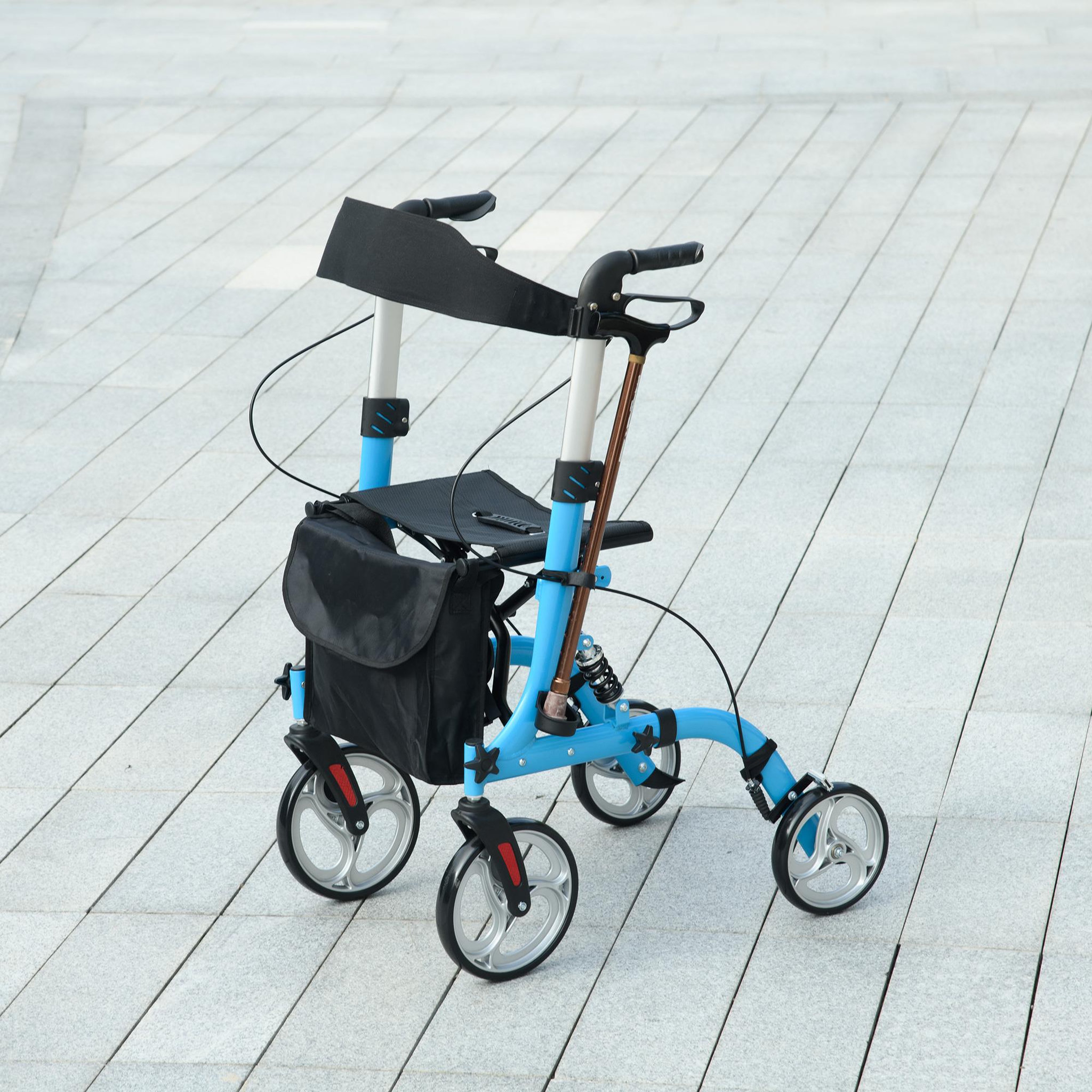 Voir la diapositive 2 : HOMCOM Déambulateur 4 roues - pliable, léger - assise, dossier, hauteur poignées réglable, freins à main - sacoche rangement - alu. bleu noir