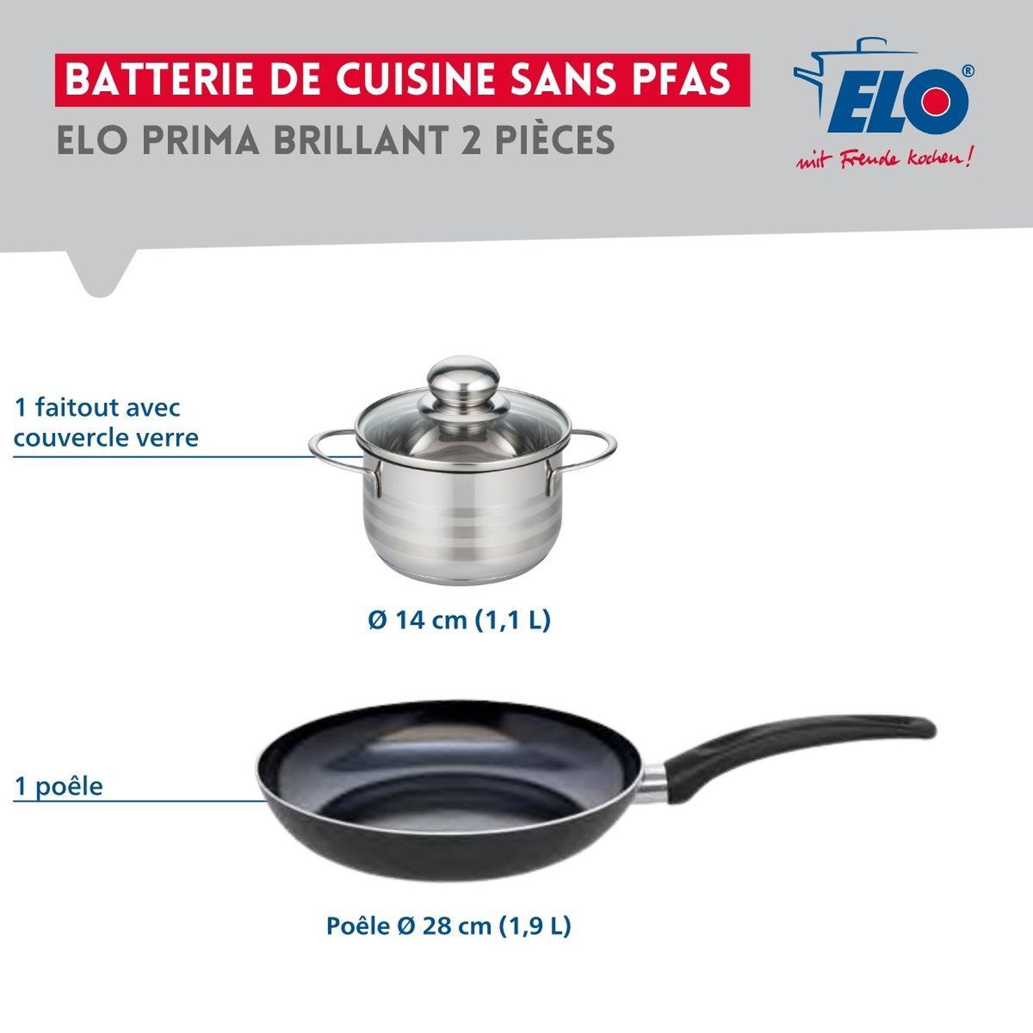 Voir la diapositive 2 : ELO Ensemble de 1 poêle de cuisson 28 cm et 1 faitout 14 cm elo prima brillant
