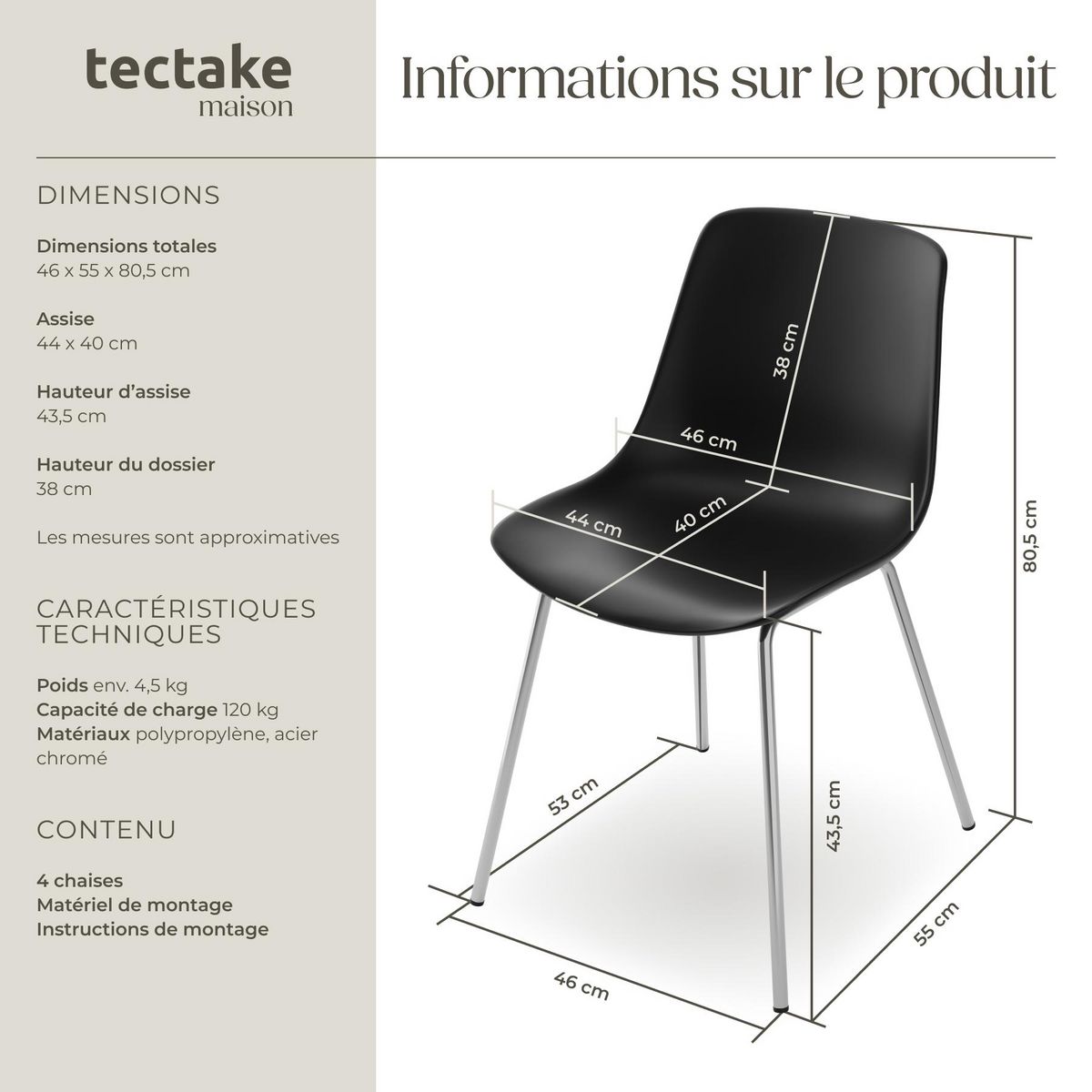 tectake Chaises en plastique grande coupe en plastique noir/gris chrome Lot de 4