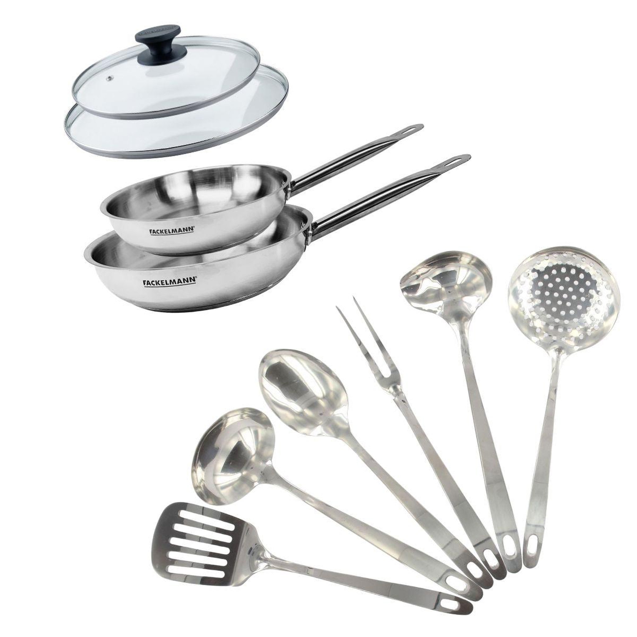 Fackelmann Set de 2 poêles 20 et 24 cm en inox, 2 couvercles verre et 6 ustensiles inox fackelmann eterna