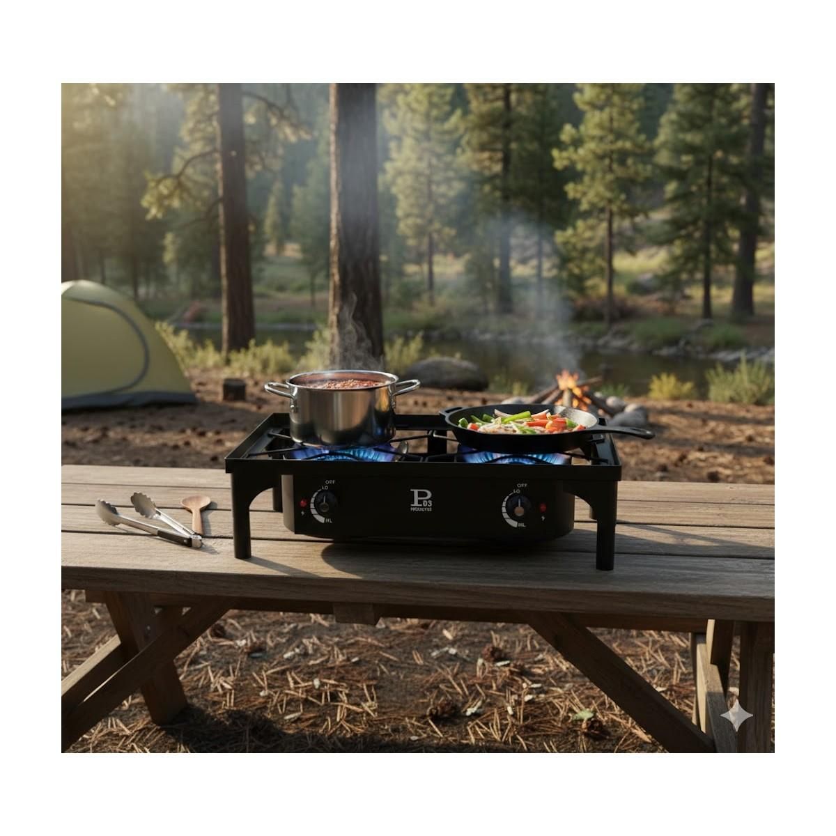 INTEC Réchaud à Gaz 2 feux Barbecue grill 9kW 2en1 : 2 brûleurs fonte + 1 Plaque Grill Fonte, 3 Hauteurs Modulables Piezo INTEC