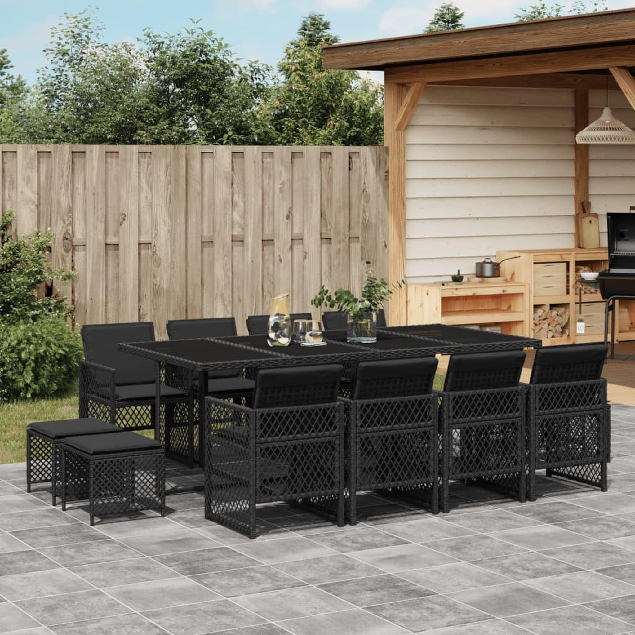 VIDAXL Ensemble a manger de jardin 13 pcs coussins noir resine tressee