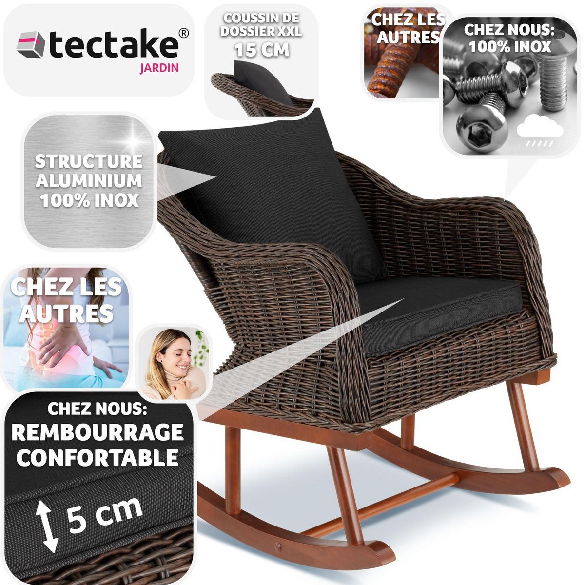 tectake Fauteuil à bascule en rotin tressage à l'aspect naturel avec cadre en aluminium marron