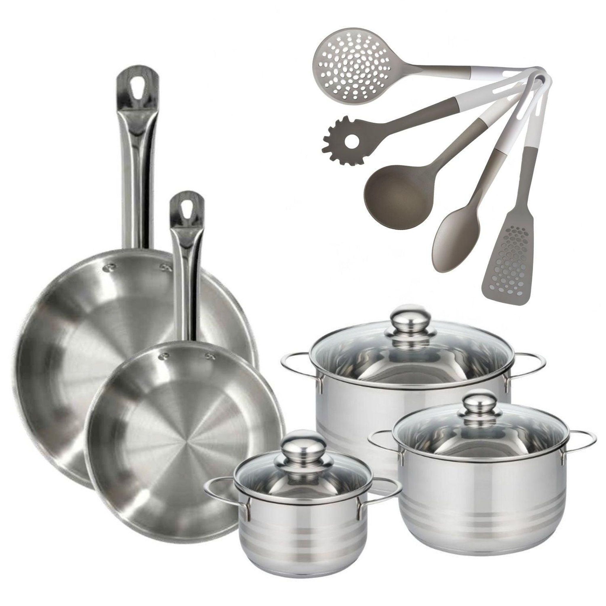Fackelmann Batterie de cuisine avec 3 faitouts 16/20/24 cm et 2 poêles 24/28 cm avec 5 ustensiles de cuisine sans pfas fackelmann etherna brillant vario