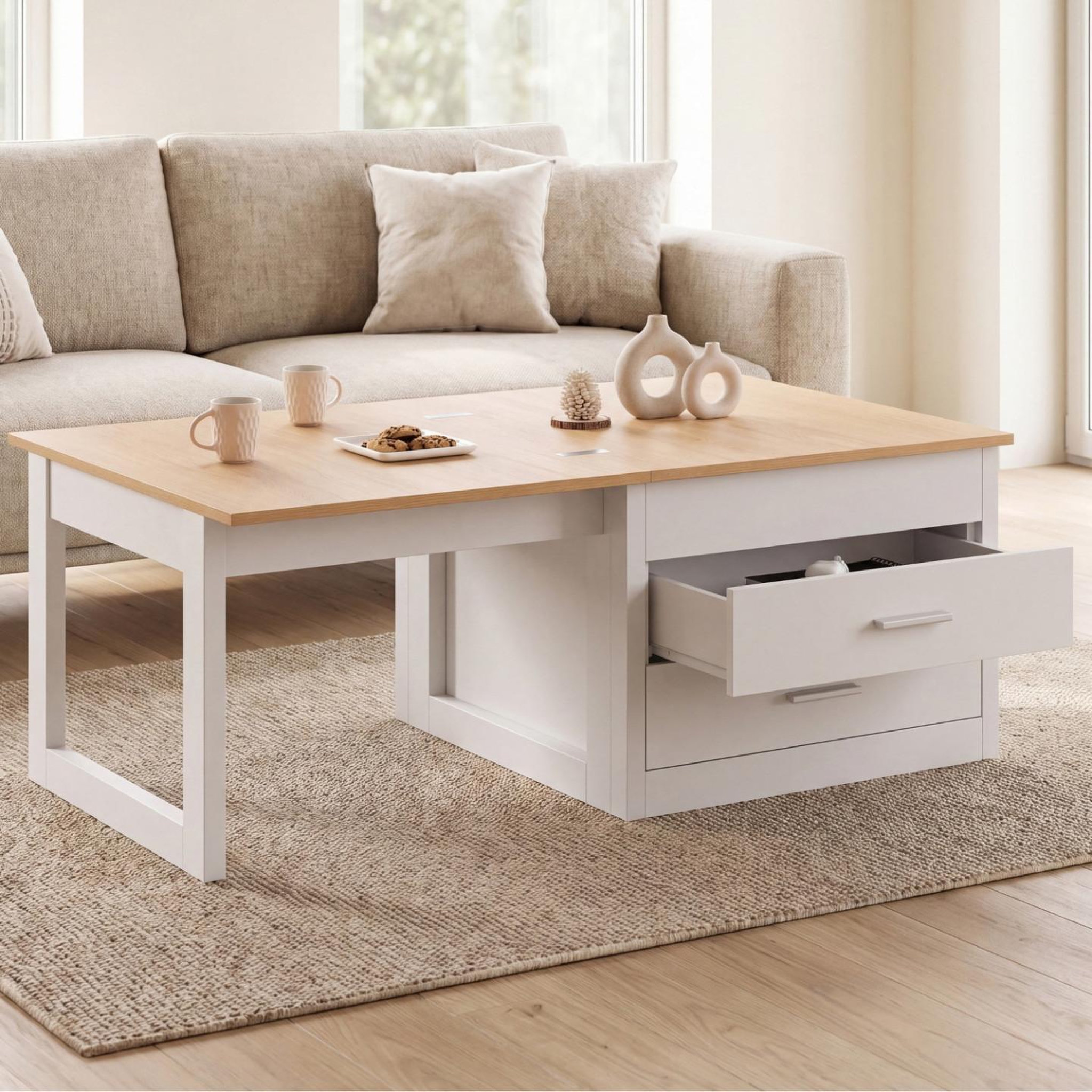 Voir la diapositive 2 : ID MARKET Table basse extensible et relevable en table à manger AMAYA 120 cm 2 modules avec 2 tiroirs blanc et bois
