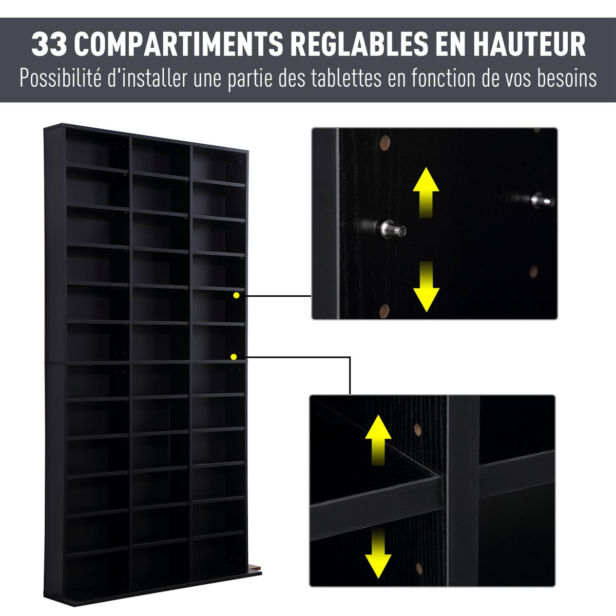 HOMCOM Étagère rangement CD/DVD meuble de rangement pour 1116 CDs 33 compartiments réglables en hauteur 102 x 24 x 195 cm noir