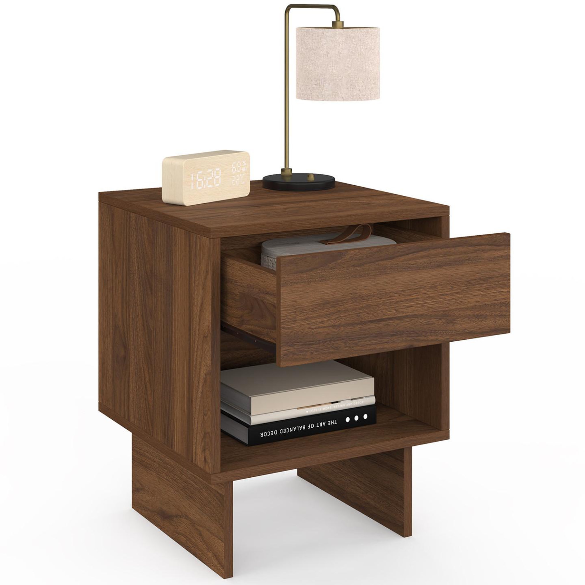 Voir la diapositive 4 : ID MARKET Lot de 2 tables de chevet yuri 1 tiroir avec niche effet noyer