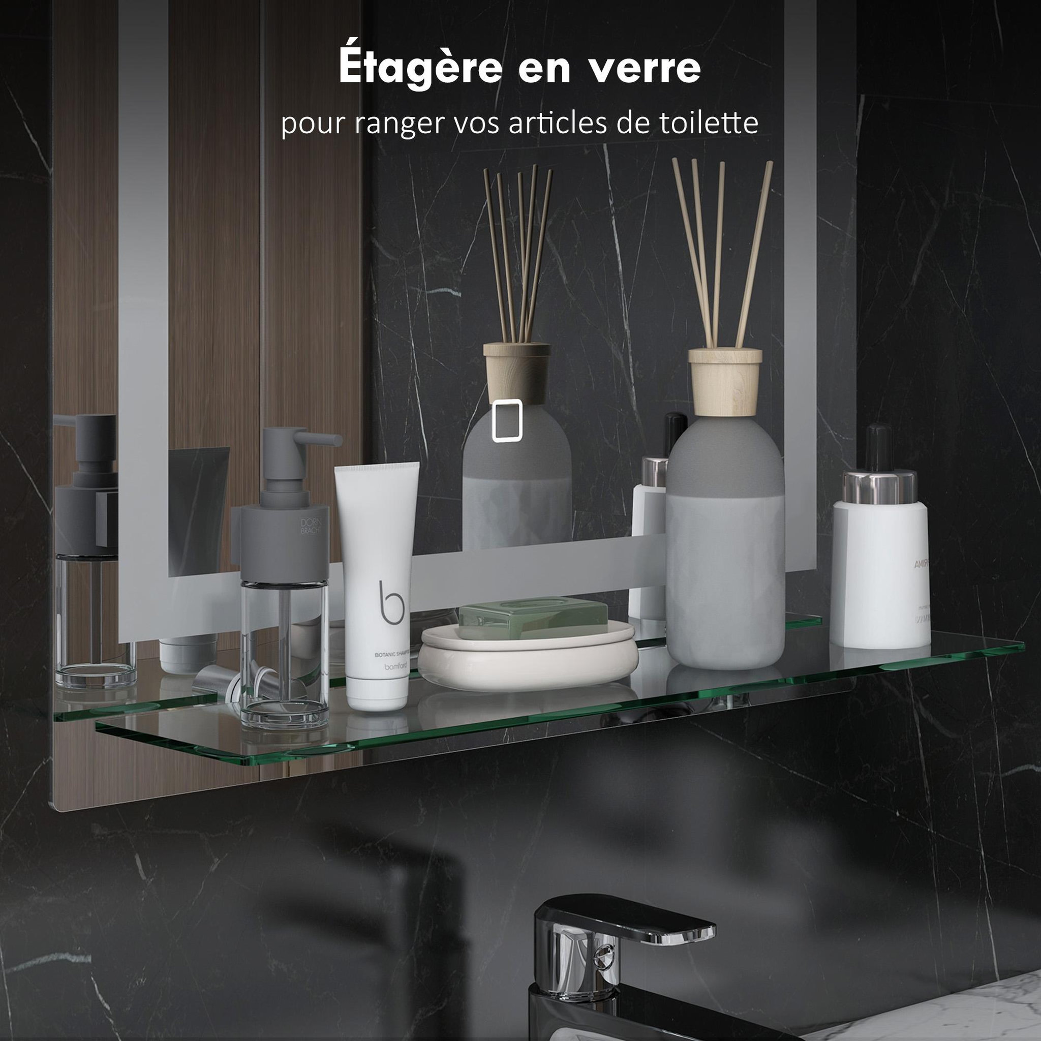Voir la diapositive 5 : KLEANKIN Miroir lumineux led 20 w interrupteur tactile étagère intégrée 50l x 12l x 70h cm