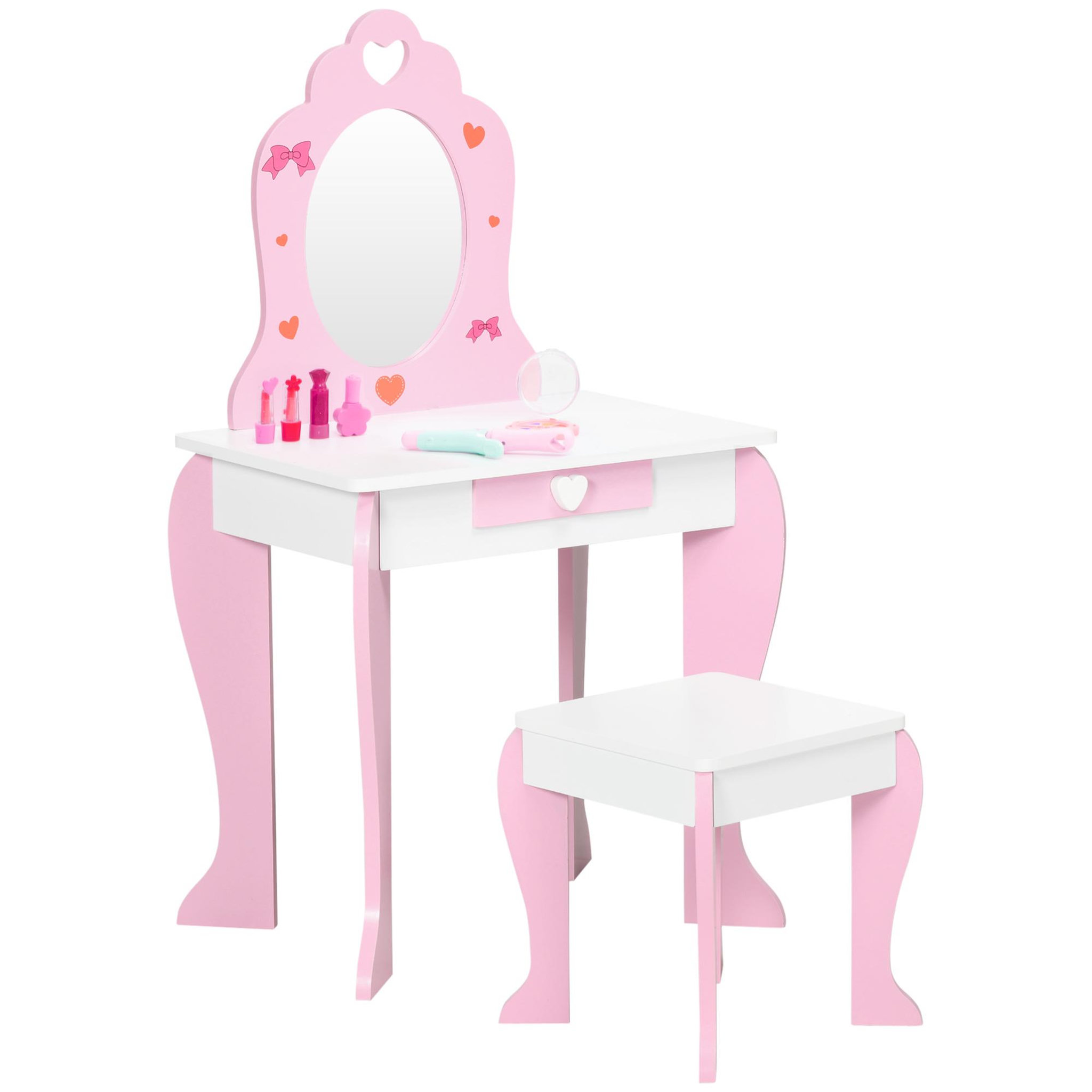 Voir la diapositive 1 : HOMCOM Coiffeuse enfant design girly motif coeur - tiroir, miroir, tabouret inclus - MDF - blanc rose