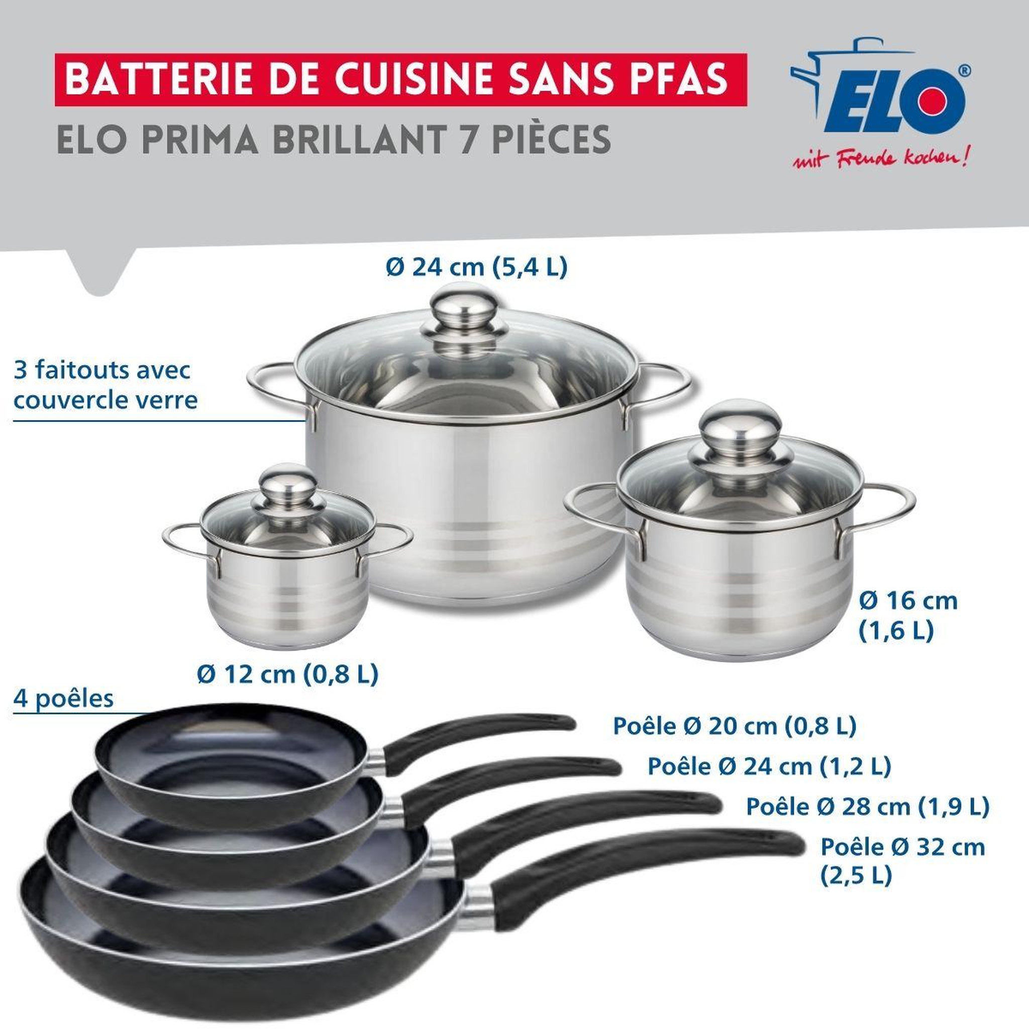 Voir la diapositive 2 : ELO Ensemble de 4 poêles de cuisson 20, 24, 28 et 32 cm et 3 faitouts 12, 16 et 24 cm elo prima brillant