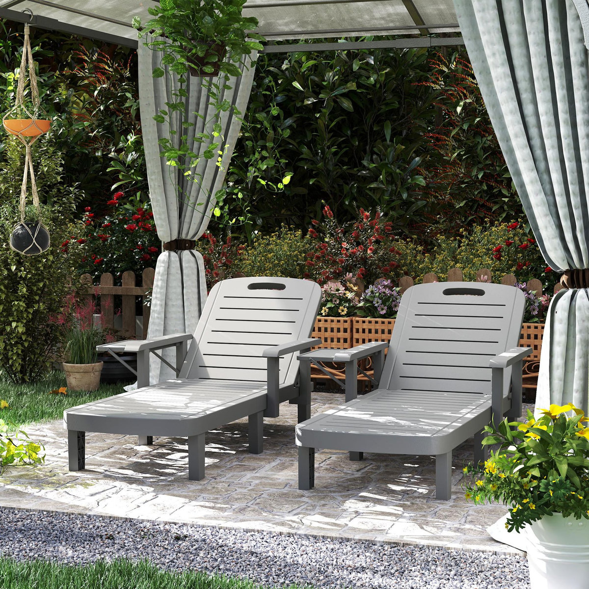 OUTSUNNY Lot de 2 bains de soleil dossier inclinable PP gris foncé