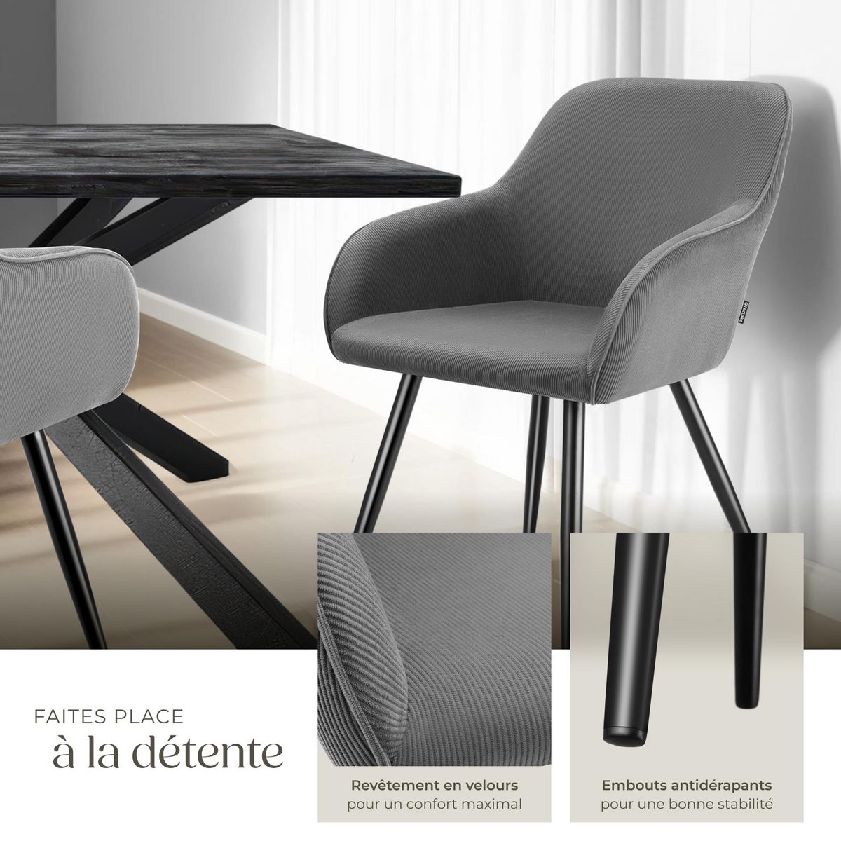 tectake Chaise de salle à manger rembourrée en velours côtelé gris/noir Lot de 4