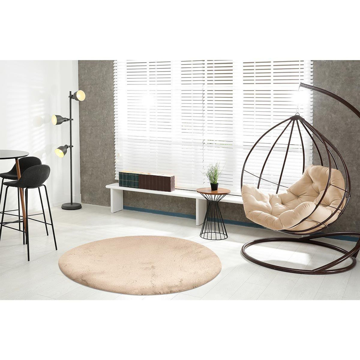 Paris Prix Tapis Uni Rond Doux à Poils Longs  Rabbit  Ivoire