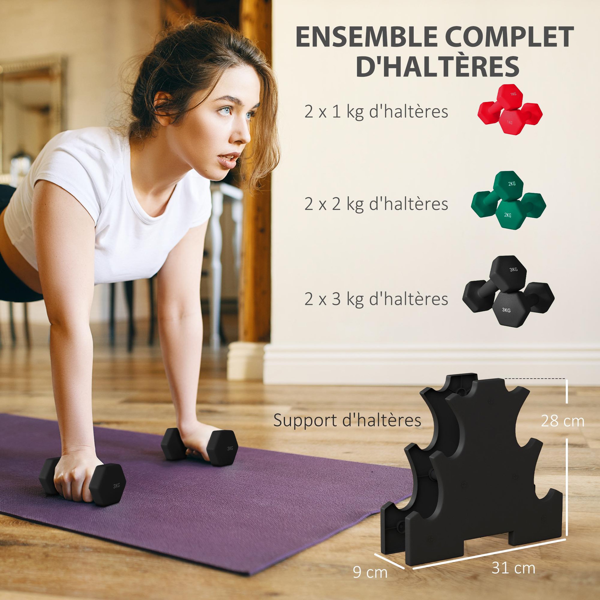 Voir la diapositive 4 : HOMCOM Support noir pour 6 haltères vinyles - 6 haltères incluses total 12 kg - noir rouge vert