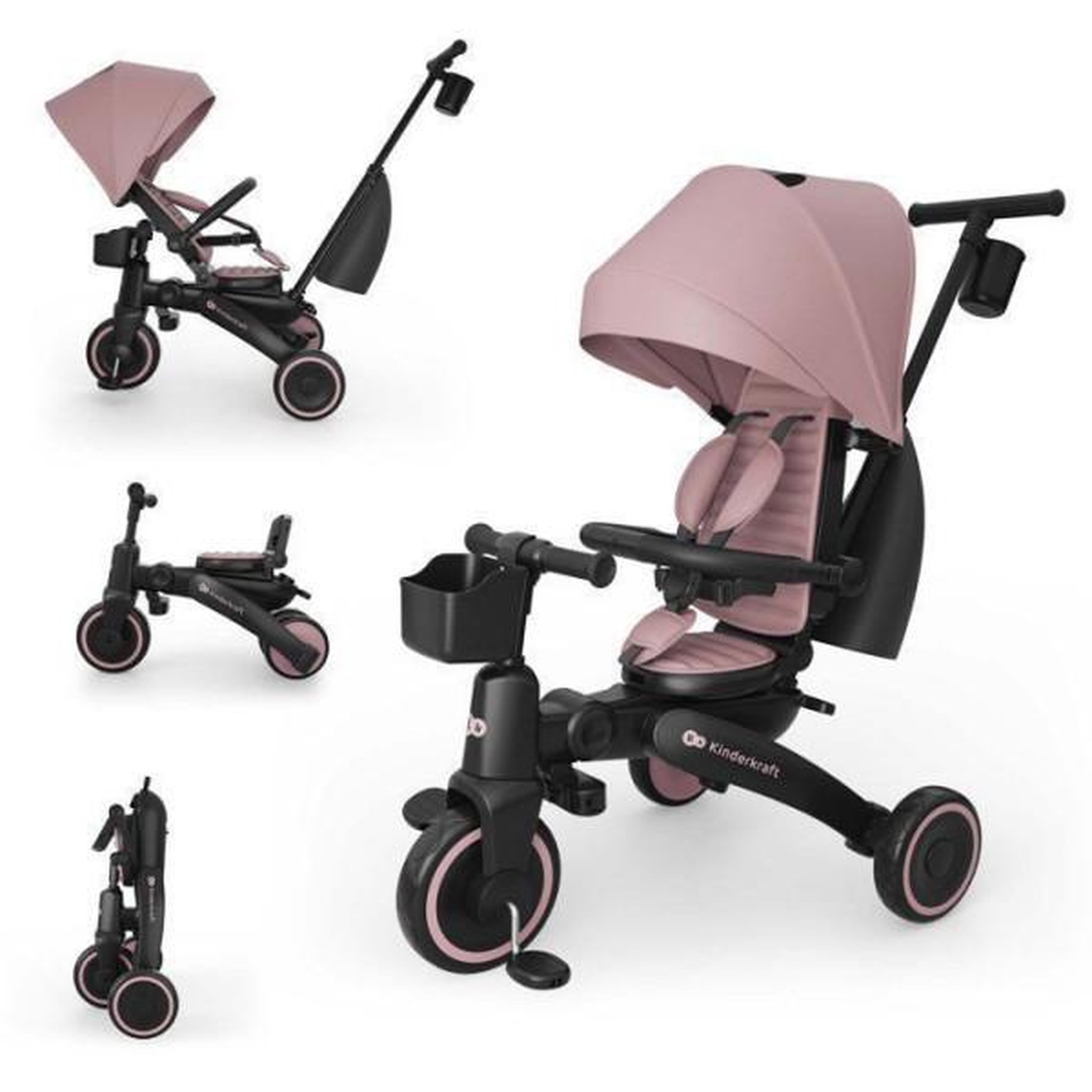 KINDERKRAFT Tricycle Kinderkraft JAZZ 3 pliable évolutif 6 modes siege pivotant inclinable canopy UPF50+ frein double roues Rose