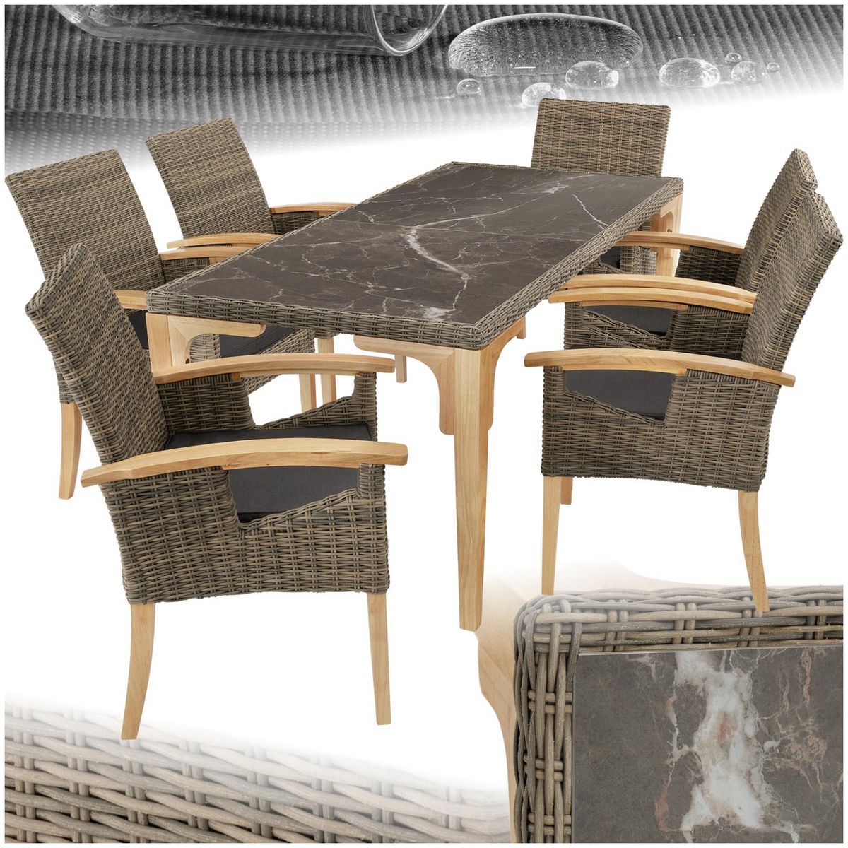 tectake Ensemble table en rotin avec 6 chaises avec cadre solide marron naturel