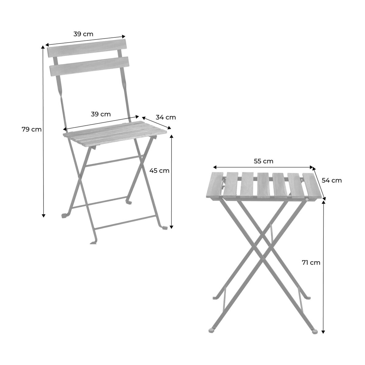 SWEEEK Table de bistrot pliante bois d'acacia et métal + 2 assises 55 x 54 cm
