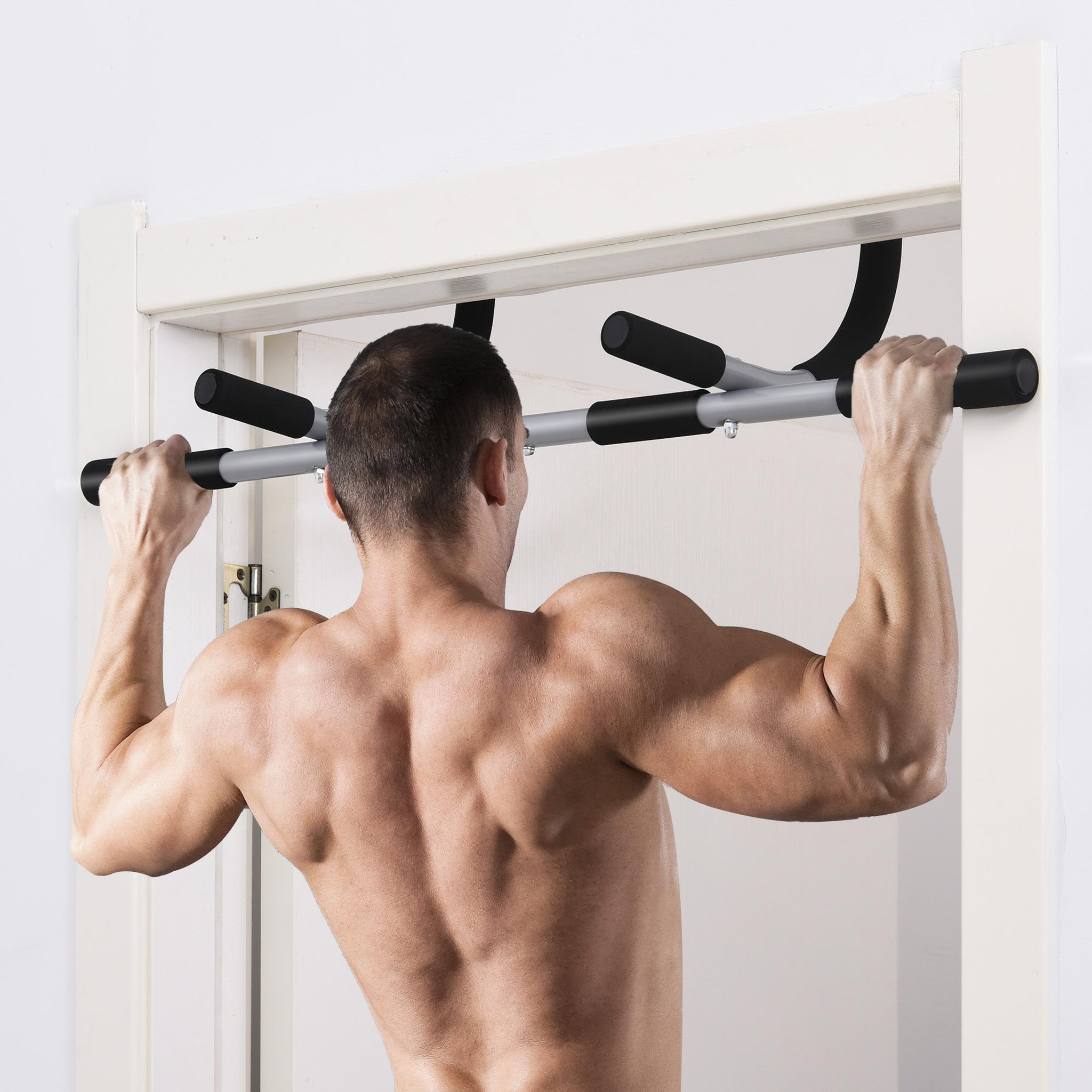 Voir la diapositive 2 : HOMCOM Barre de traction - barre de porte - pull up bar - barre d'étirement musculation pour cadres de porte - acier gris