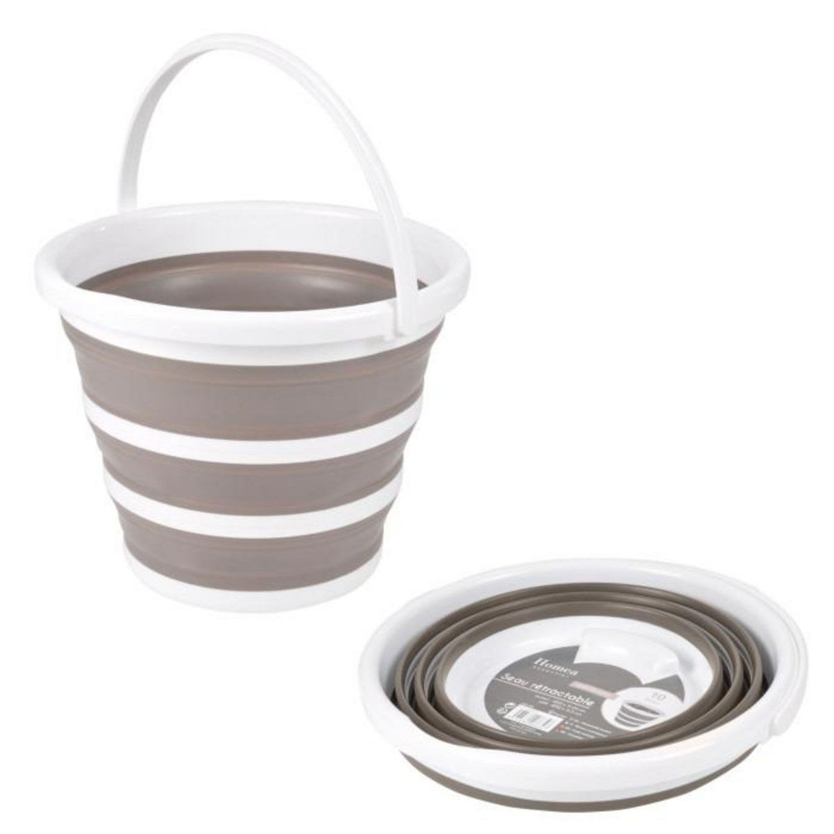 Paris Prix Seau en Silicone  Rétractable  10L Blanc & Taupe