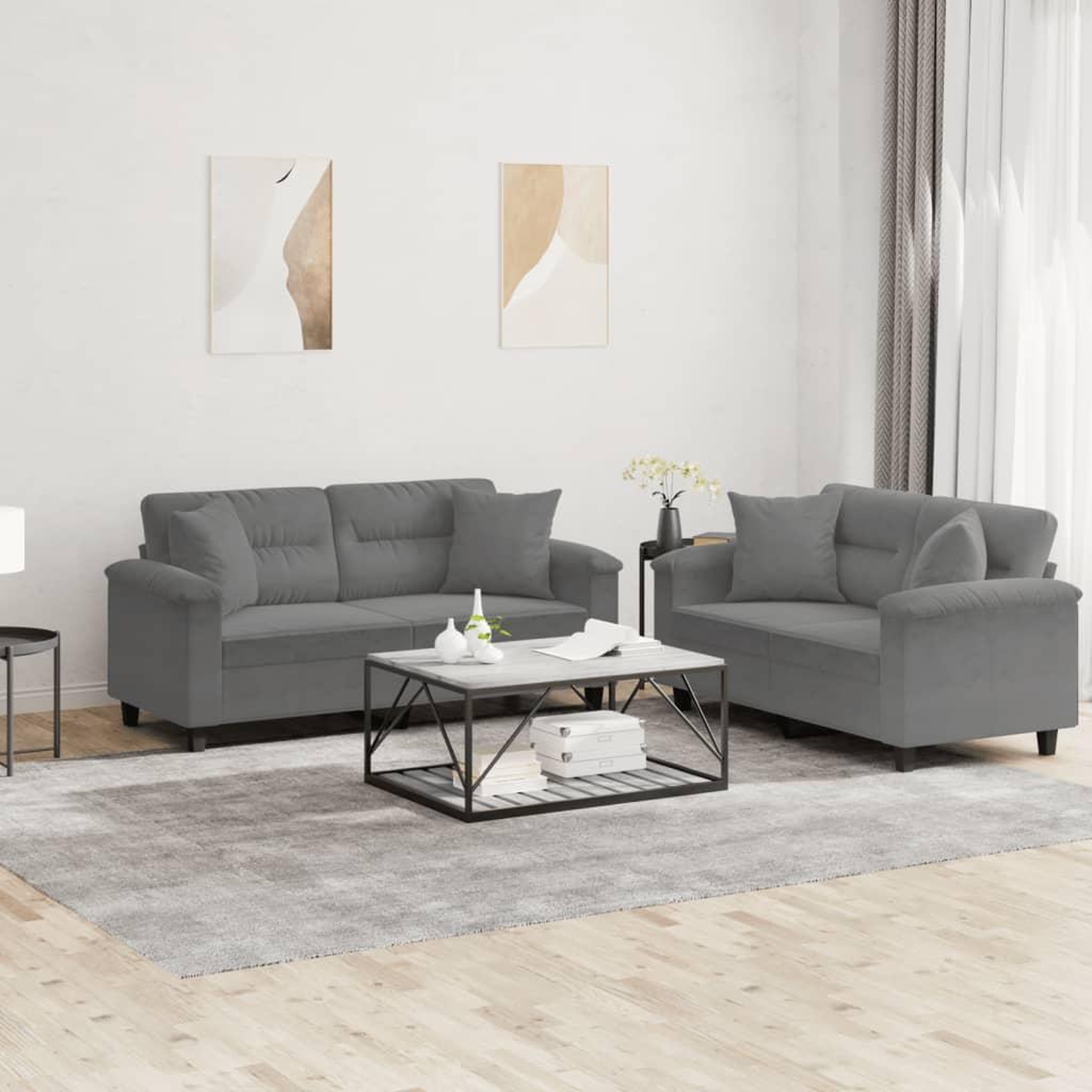 VIDAXL Ensemble de canapes 2 pcs coussins Gris fonce Tissu microfibre