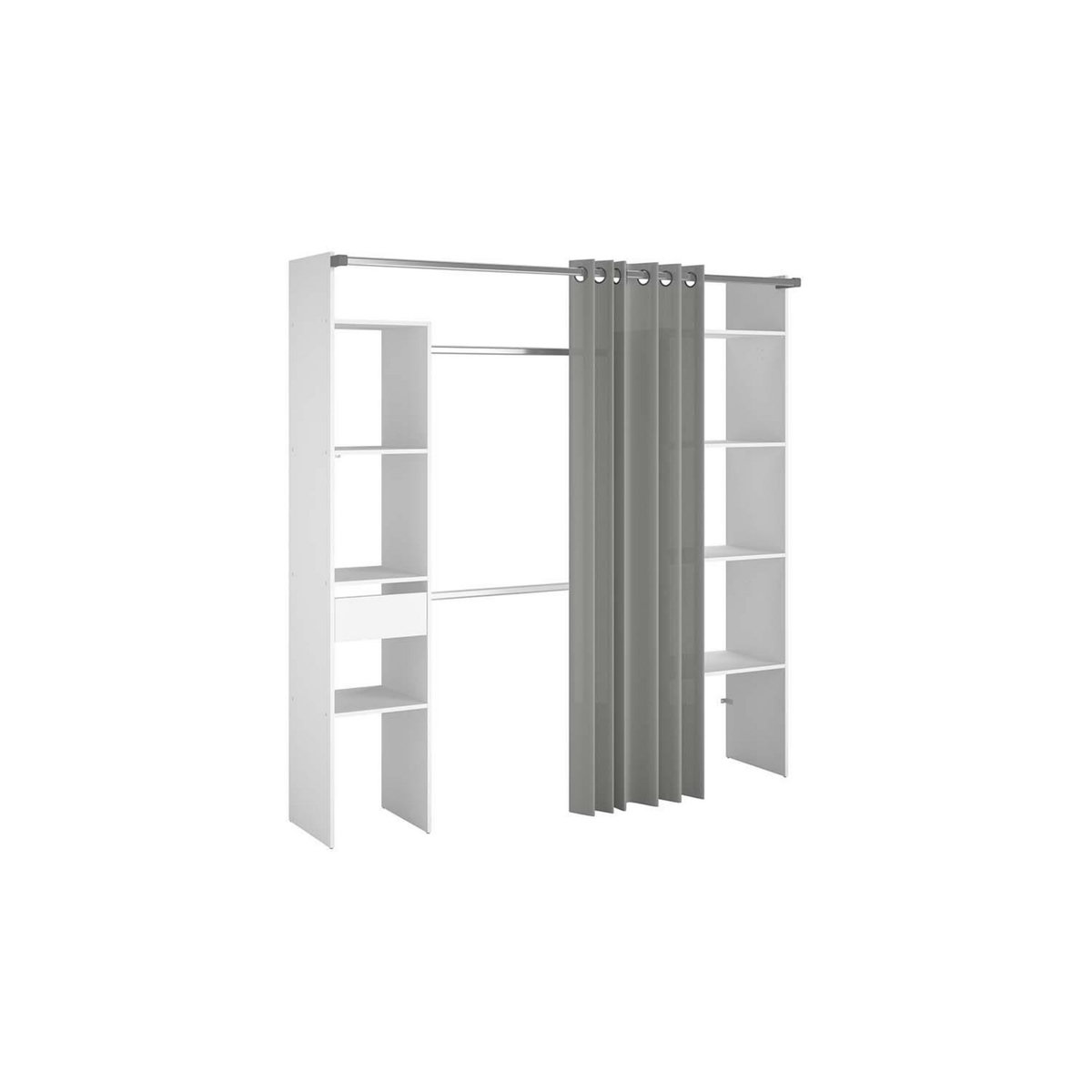 CONCEPT USINE Dressing blanc avec rideau gris 2 penderies, 6 étagères un tiroir ELYSEE