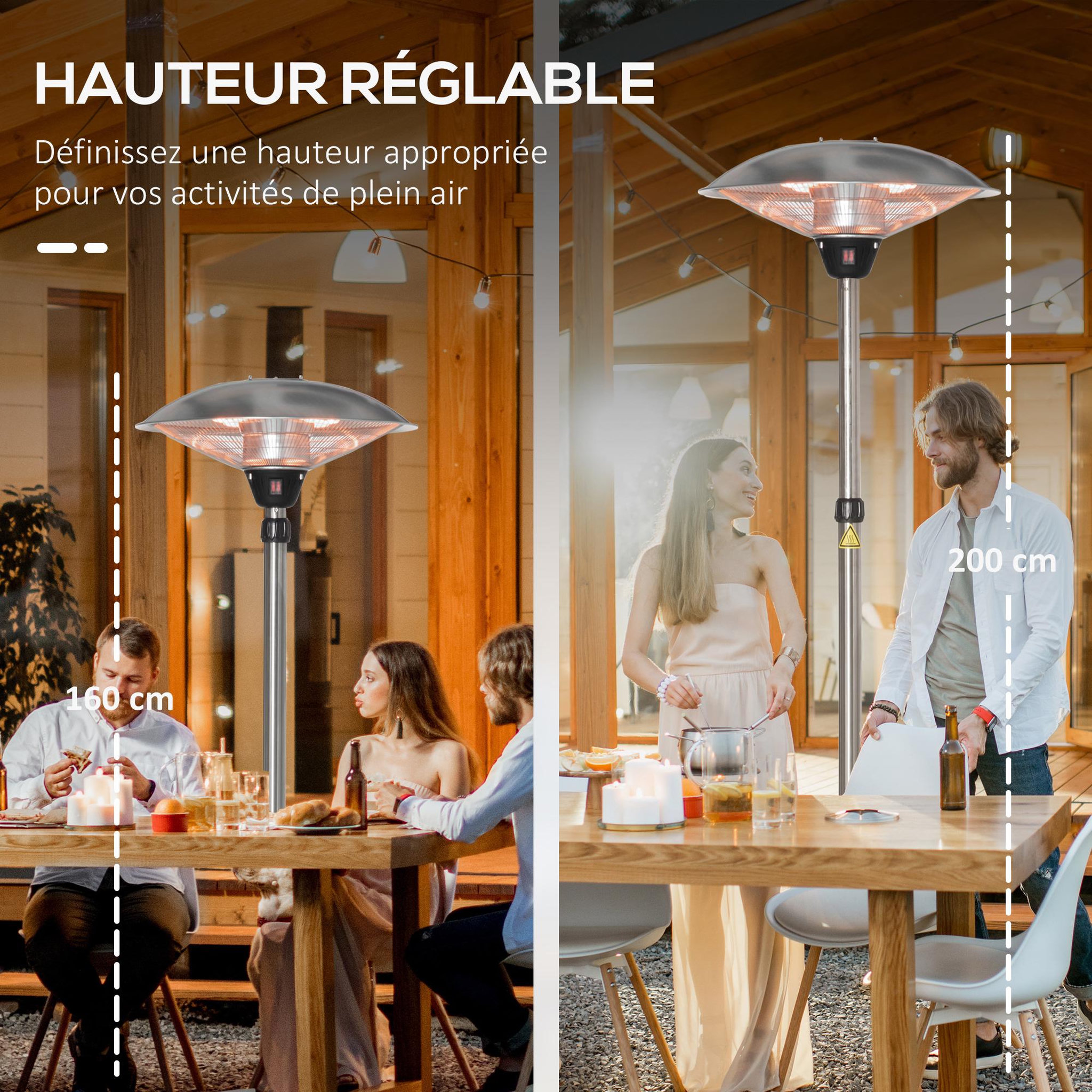 Voir la diapositive 6 : OUTSUNNY Parasol chauffant infrarouge à quartz 3000 W max. - hauteur réglable Ø 58,5 x 160-200H cm - chauffage radiant sur pied - puissance réglable