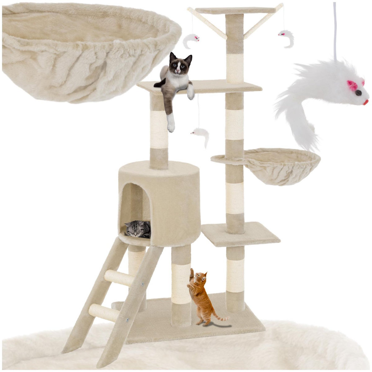 tectake Arbre à chat 144 cm avec griffoir et plateforme d'escalade beige