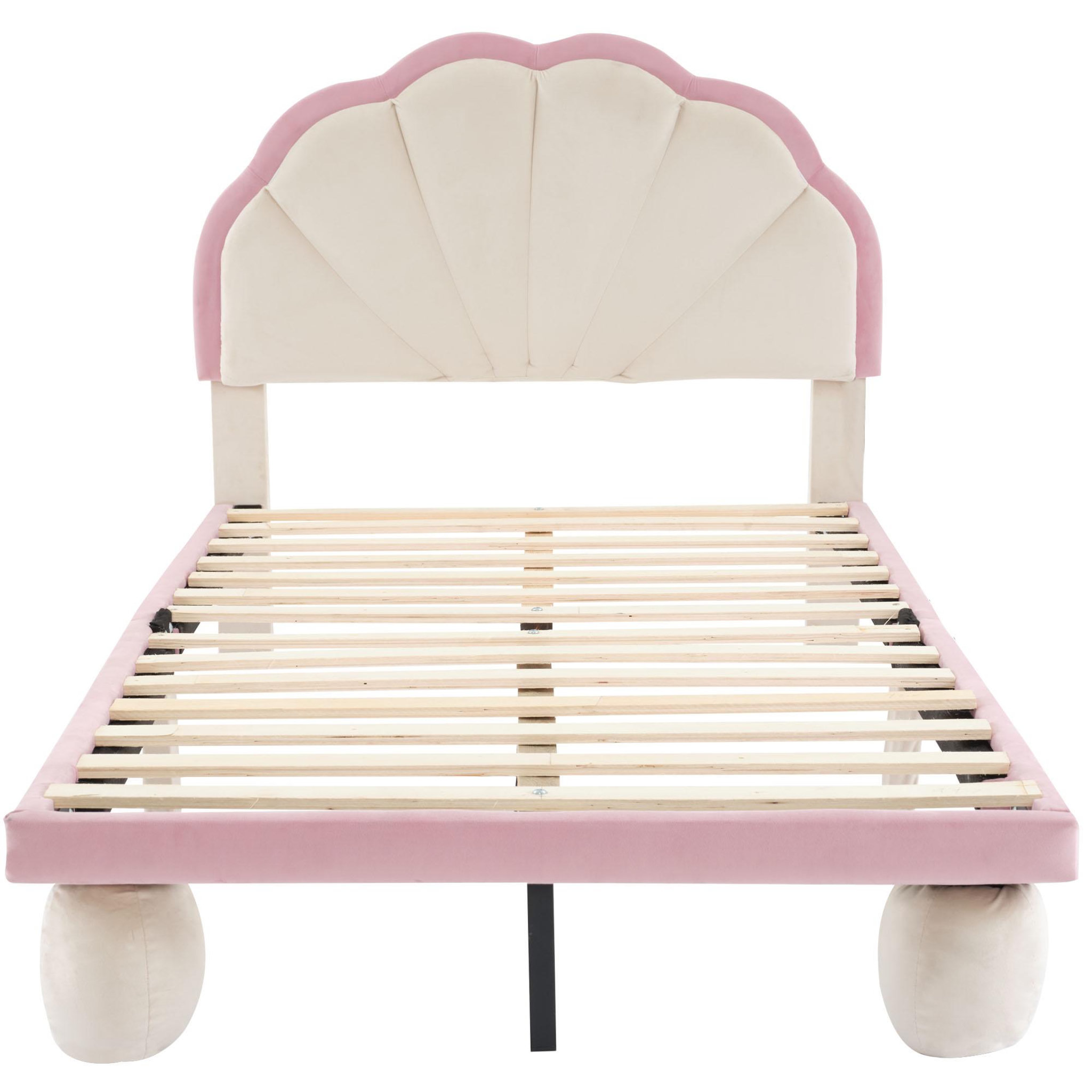 MERAX Lit simple enfant rembourré 90x200cm velours coloris beige+rose led