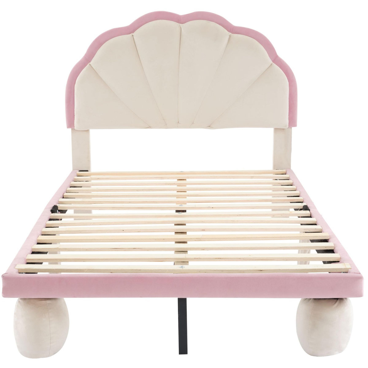 MERAX Lit simple enfant rembourré 90x200cm velours coloris beige+rose led