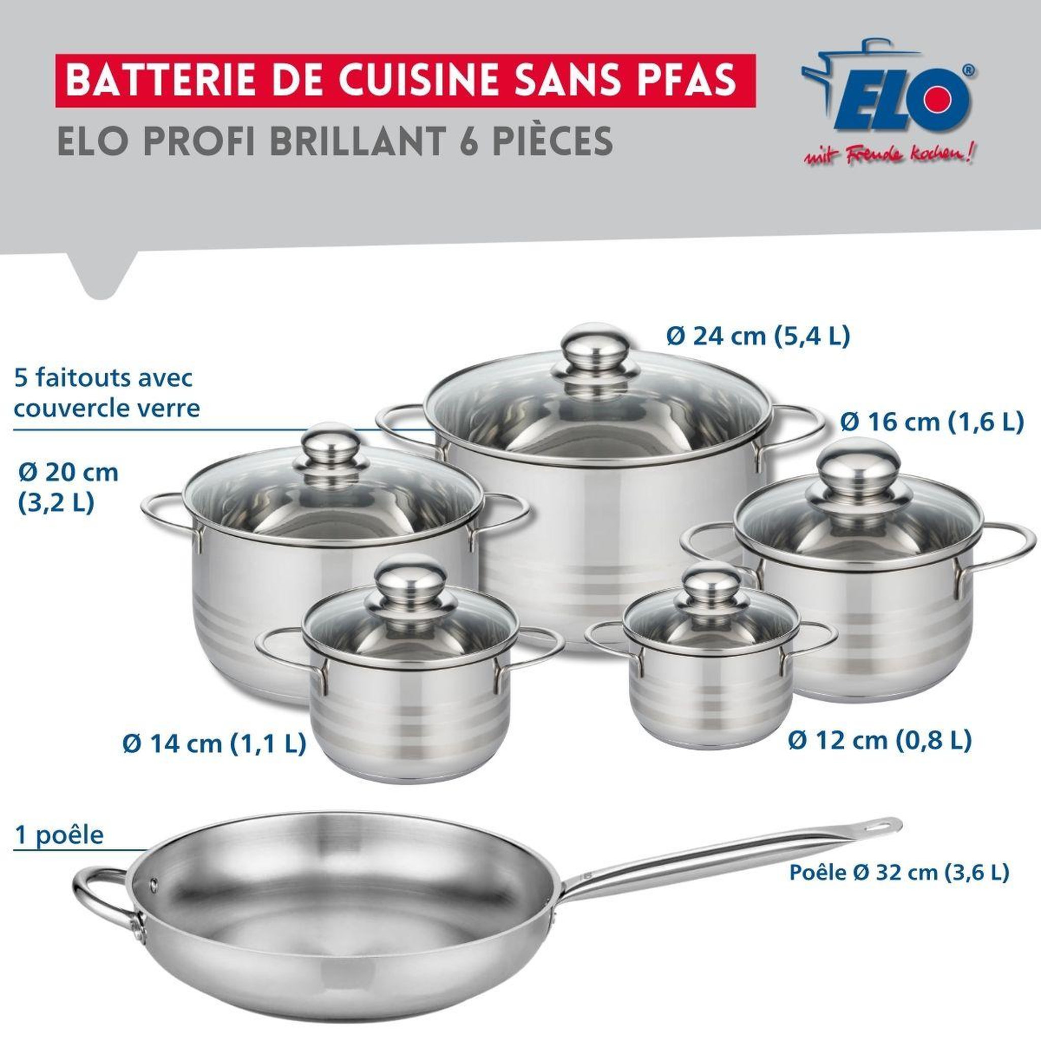 Voir la diapositive 2 : ELO Ensemble de 1 poêle de cuisson 32 cm et 5 faitouts 12, 14, 16, 20 et 24 cm elo profi brillant