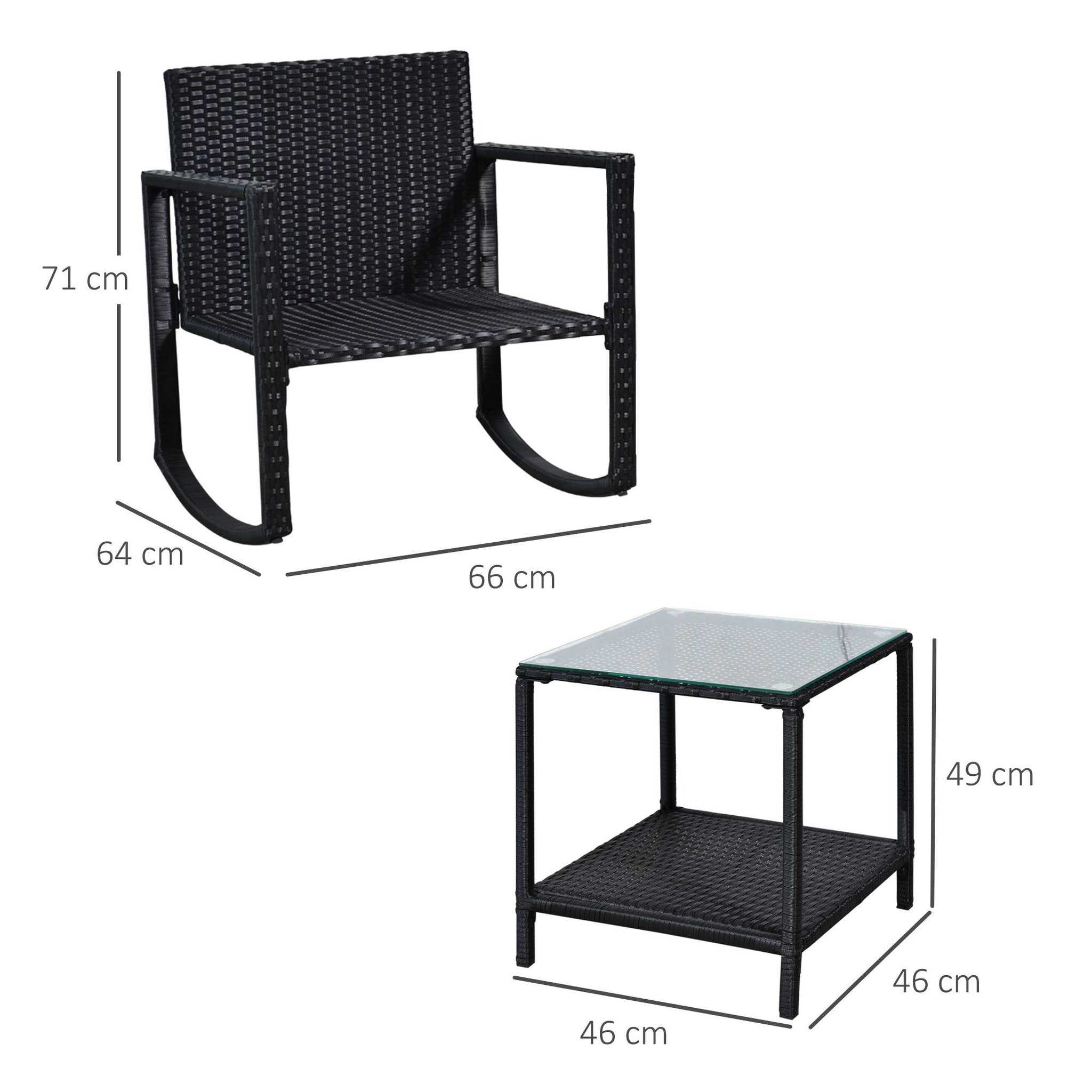 Voir la diapositive 3 : OUTSUNNY Ensemble de jardin 3 pièces style colonial 2 fauteuils à bascule avec coussins marron table basse étagère métal époxy résine tressée 4 fils noir