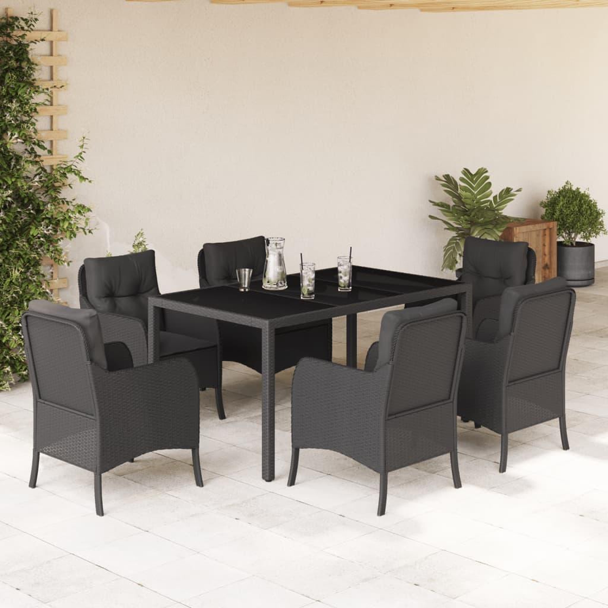 VIDAXL Ensemble a manger de jardin coussins 7pcs Noir Resine tressee