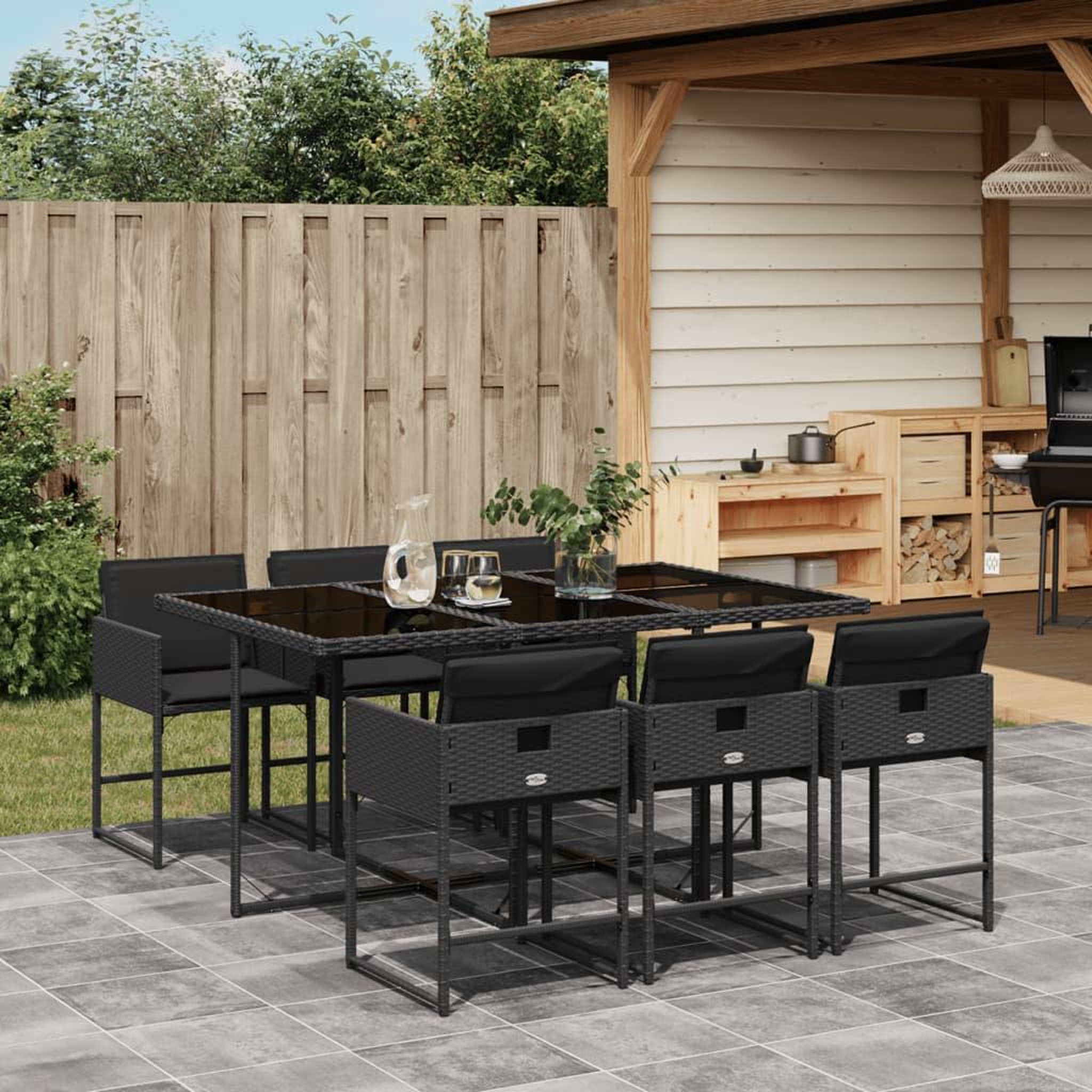 VIDAXL Ensemble a manger de jardin coussins 7pcs Noir Resine tressee