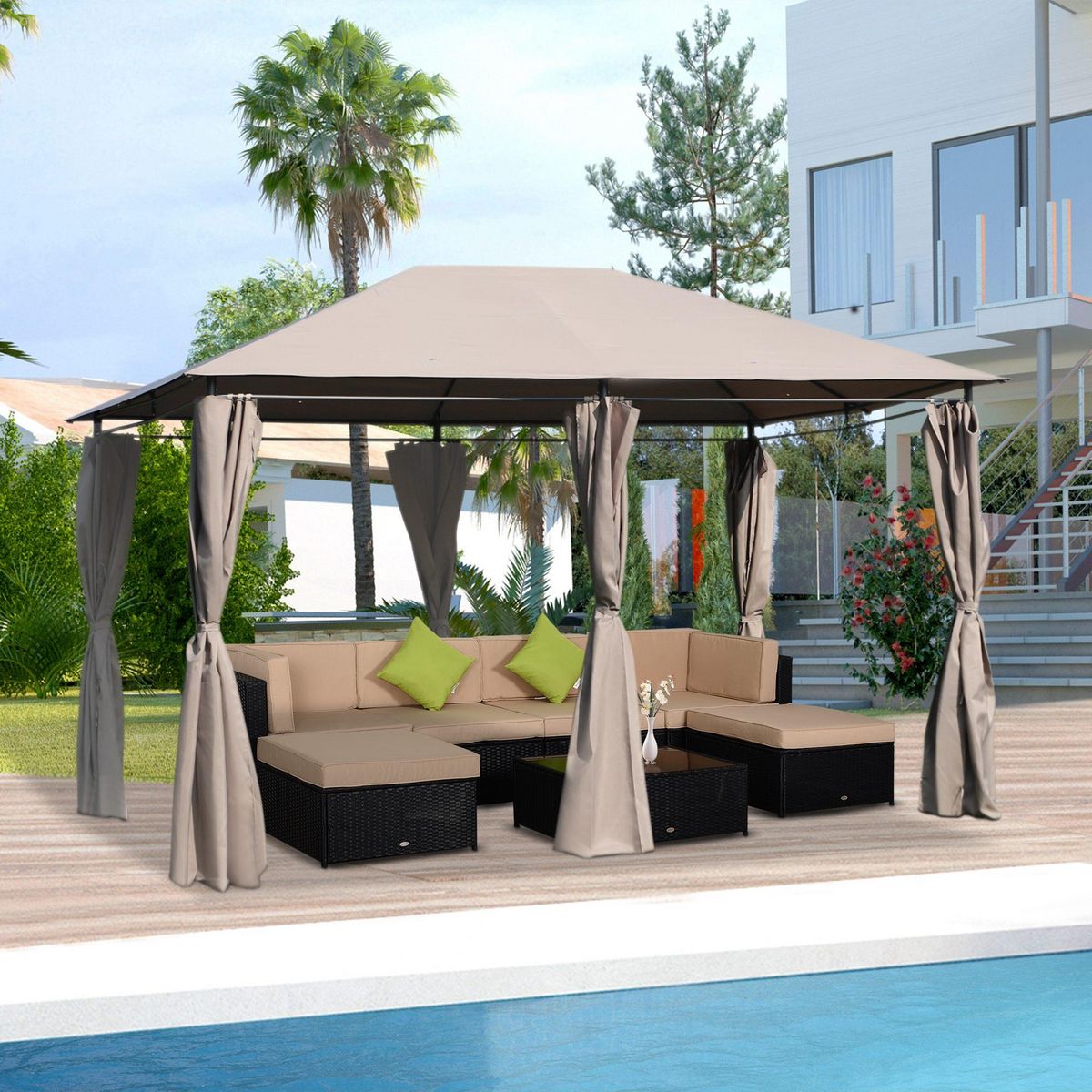 OUTSUNNY Tonnelle barnum pavillon de jardin style colonial double toit toiles latérales amovibles taupe