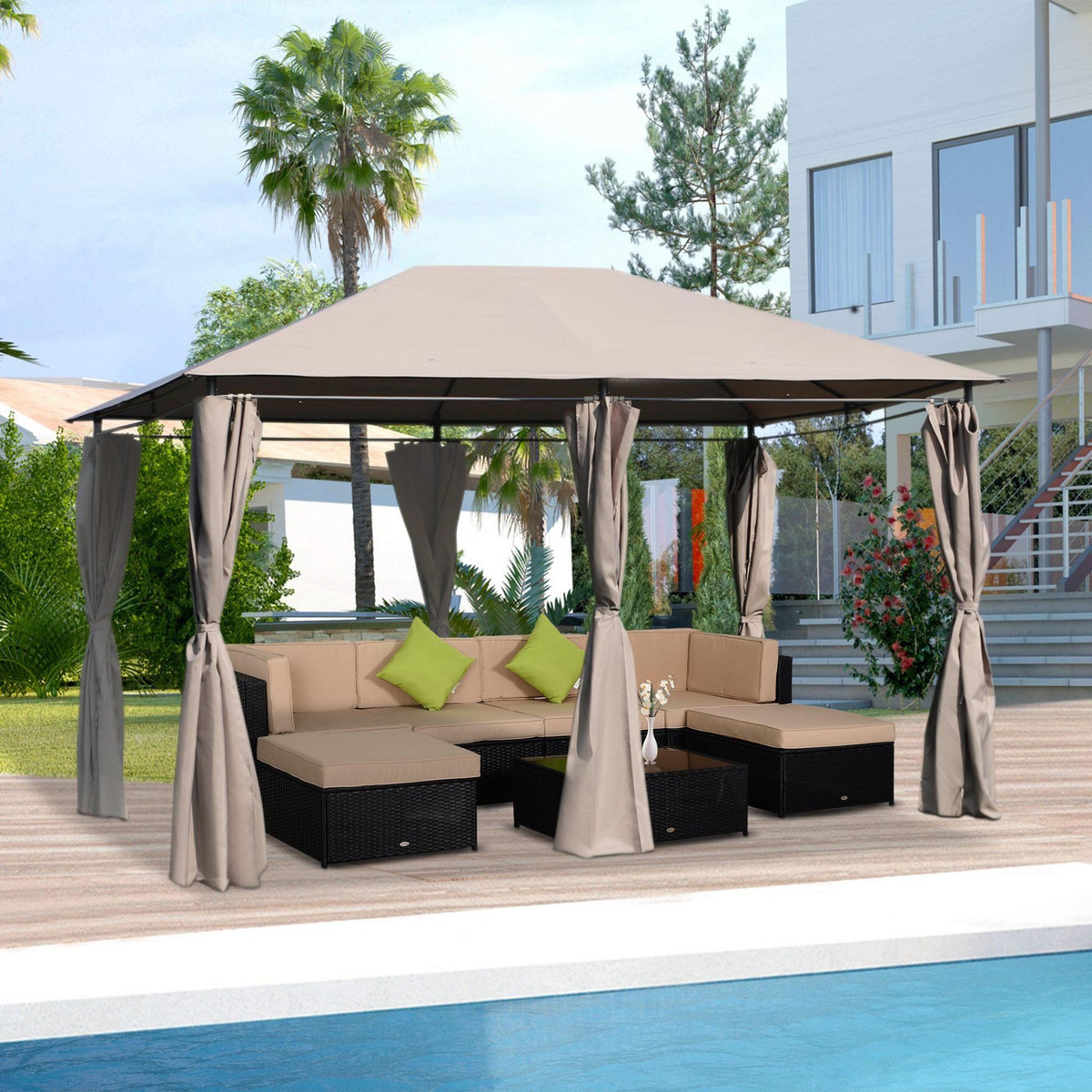 OUTSUNNY Tonnelle barnum pavillon de jardin style colonial double toit toiles latérales amovibles taupe