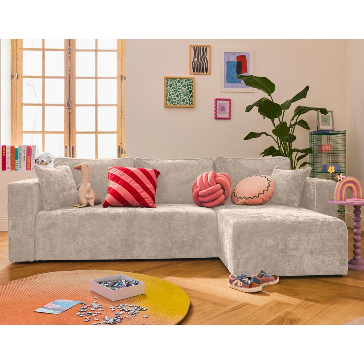 BEST MOBILIER Topaze - canapé d'angle réversible 4 places convertible avec coffre en velours à relief texturé