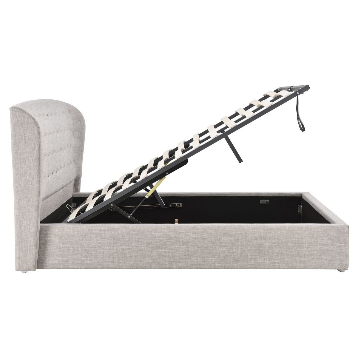 lit coffre avec sommier relevable et tête de lit arrondie capitonnée en tissu gris clair 140x190 cm DUC
