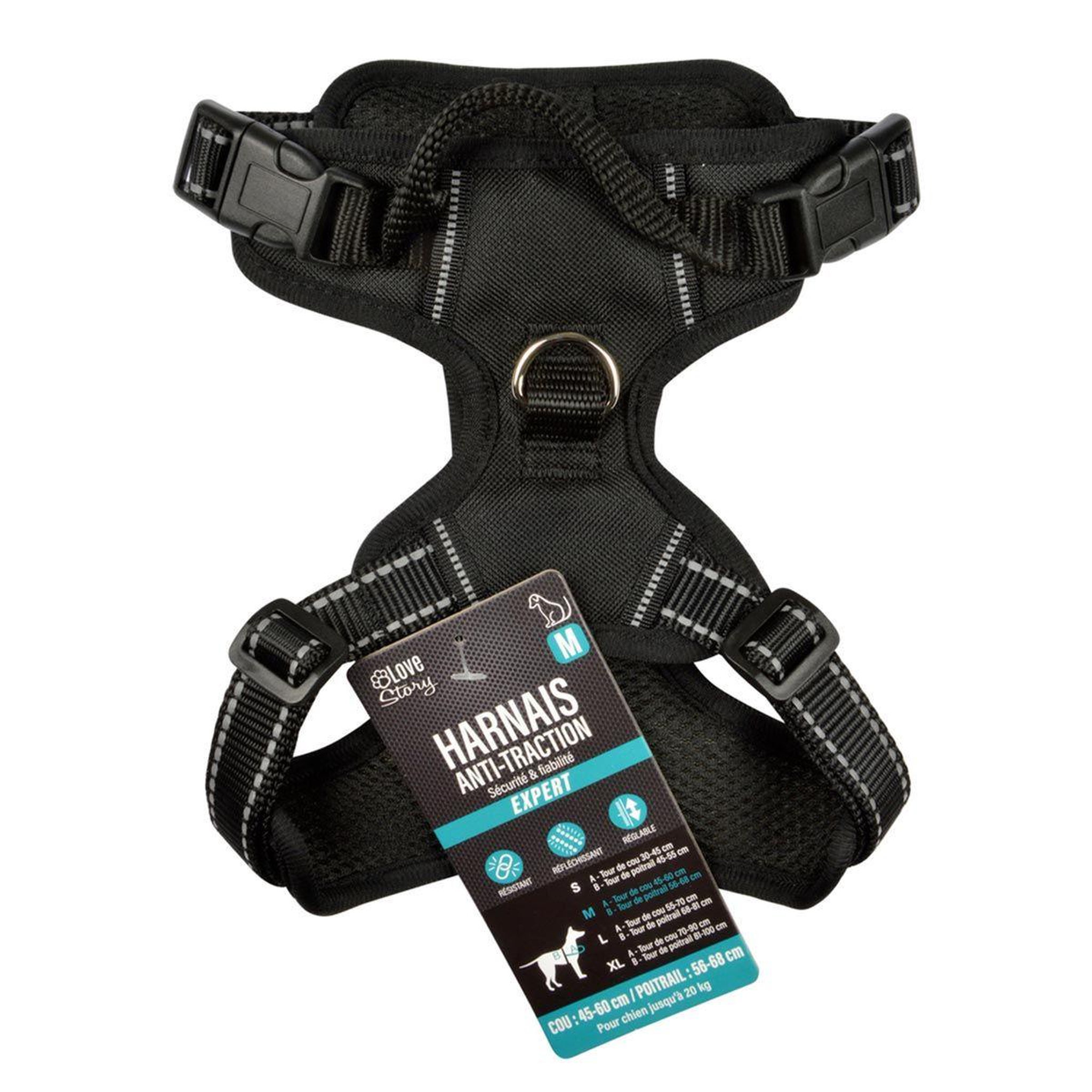 Voir la diapositive 4 : LOVE STORY Harnais anti-traction pour chien  sécurité  68cm noir