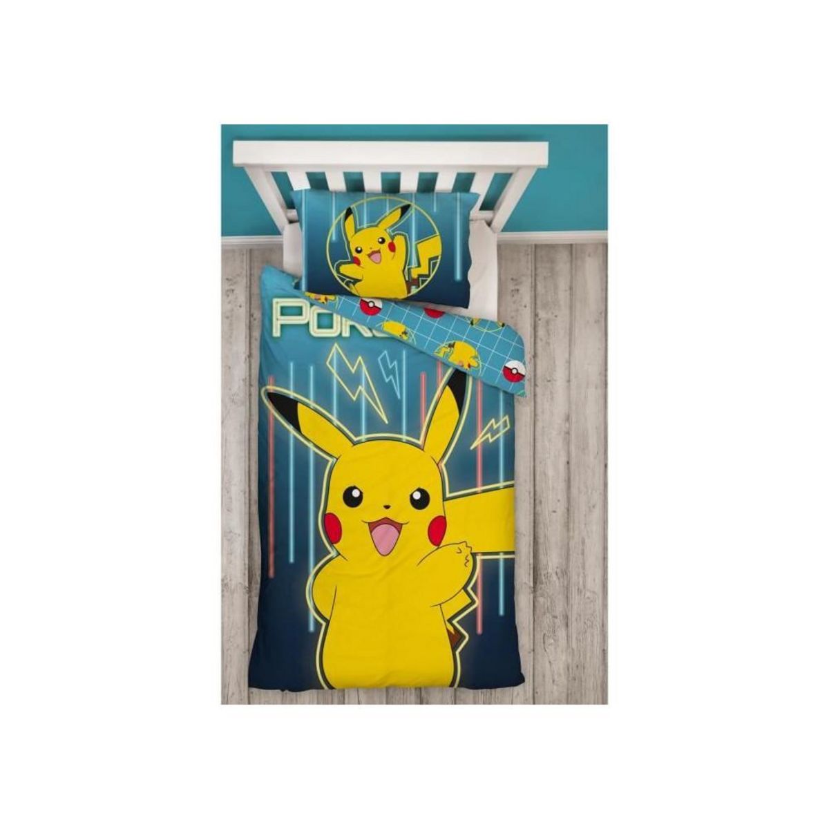 Pokemon Parure de lit réversible - POKEMON - Pikachu Laser - Microfibre - 1 housse de couette 140 x 200 cm + 1 taie 63 x 63 cm