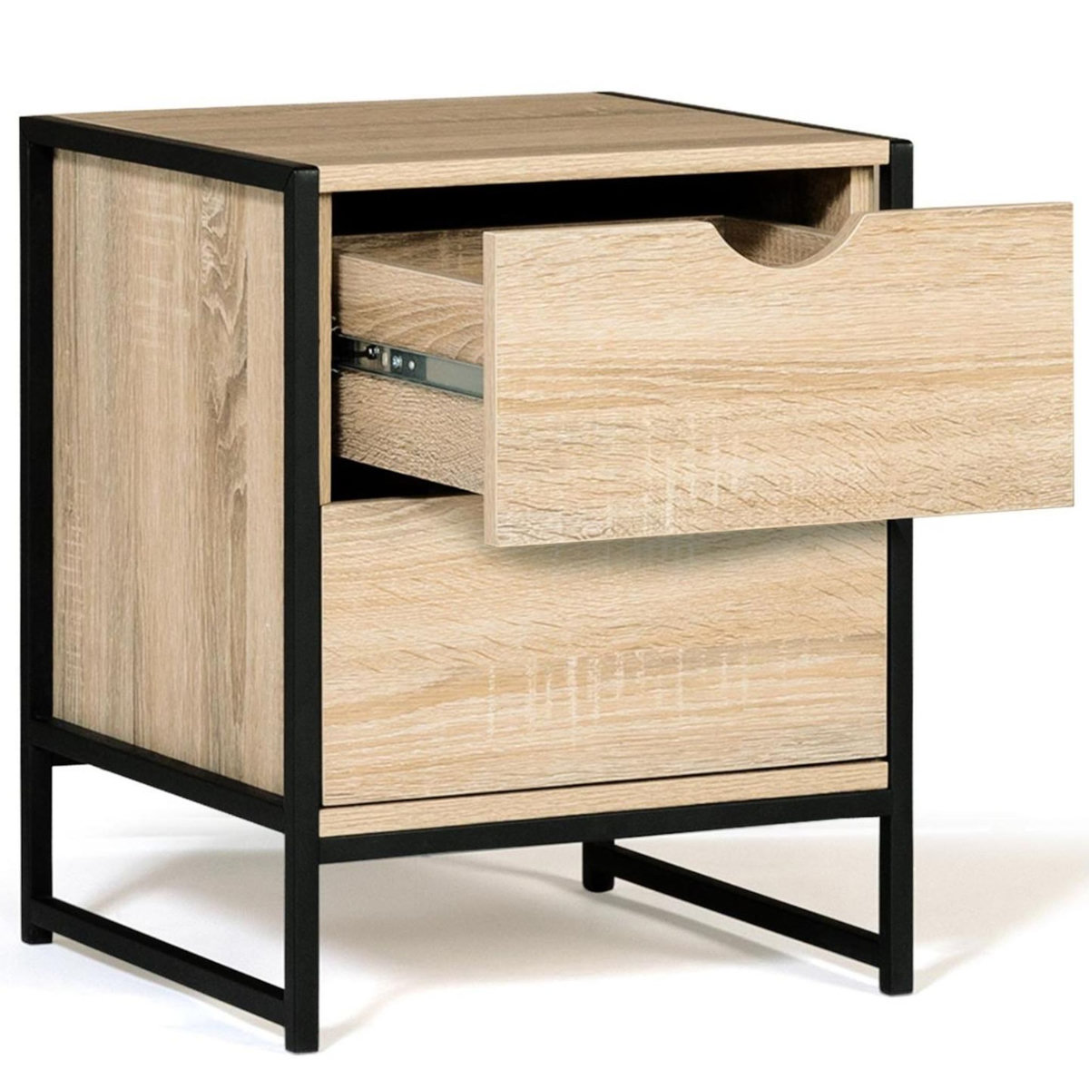 ID MARKET Lot de 2 tables de chevet DETROIT 2 tiroirs bois et métal noir design industriel