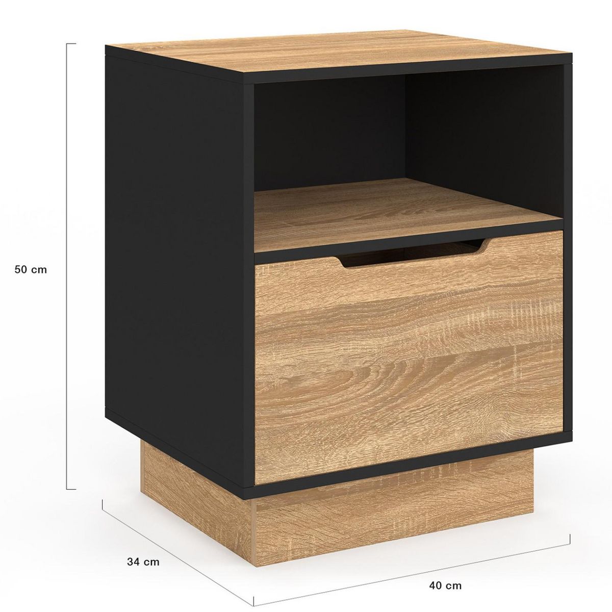 ID MARKET Lot de 2 tables de chevet OXANA 1 tiroir avec niche façon hêtre et noir