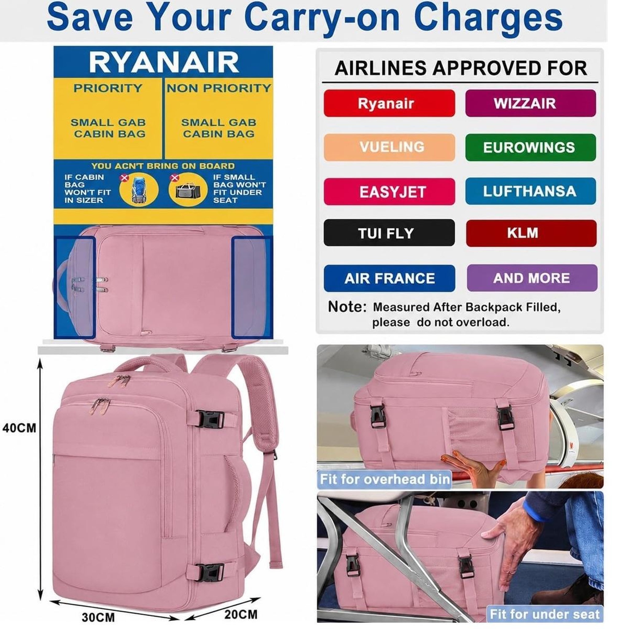 Voir la diapositive 4 : TROLLEY ADC Sac à dos cabine rose 40x30x20 avec kit de compression inclus - bry-rose