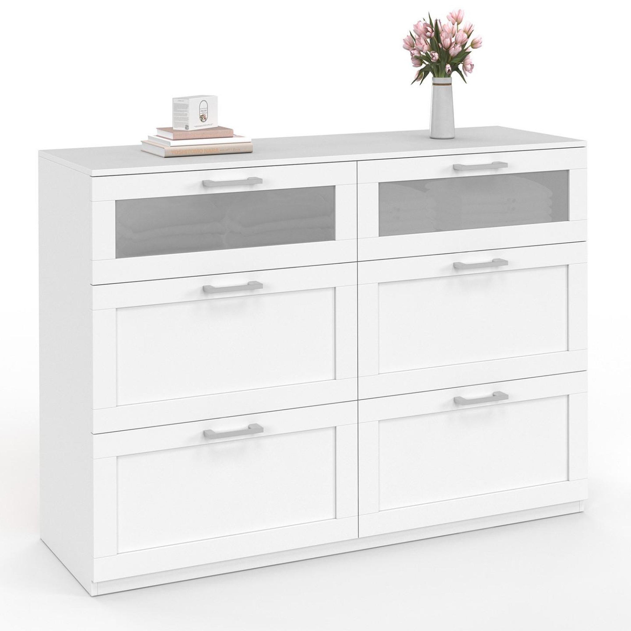 ID MARKET Commode 6 tiroirs vito 110 cm bois blanc et effet givré
