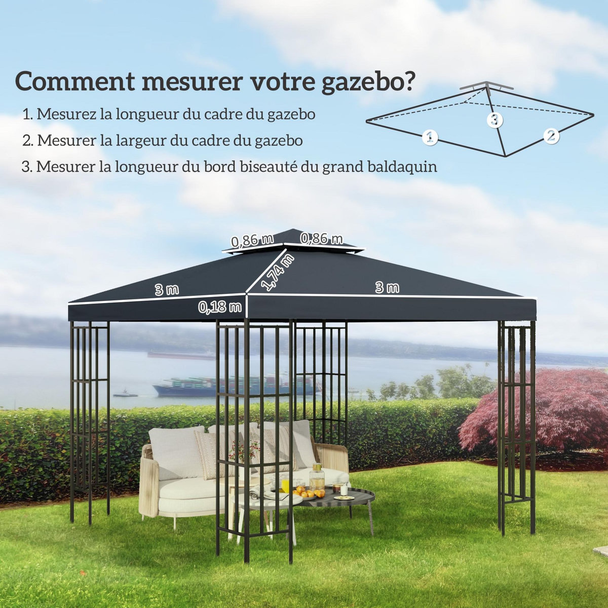 OUTSUNNY Toile de rechange pour pavillon tonnelle tente 3 x 3 m polyester haute densité 180 g/m² gris foncé