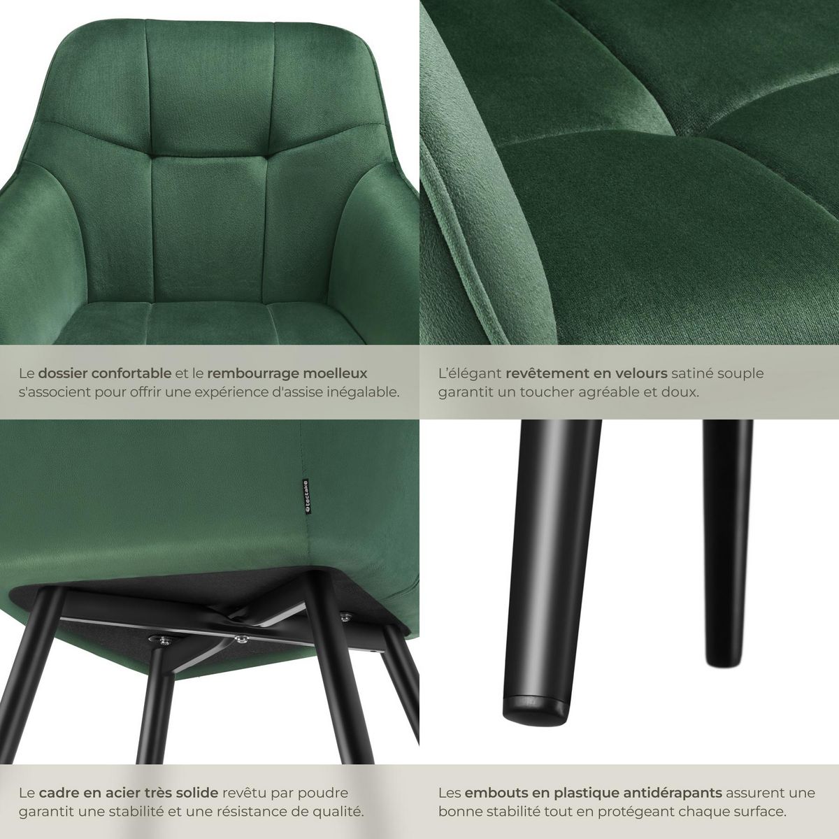 tectake Chaise de salle à manger rembourrée et en velours matelassé vert foncé/noir Lot de 6