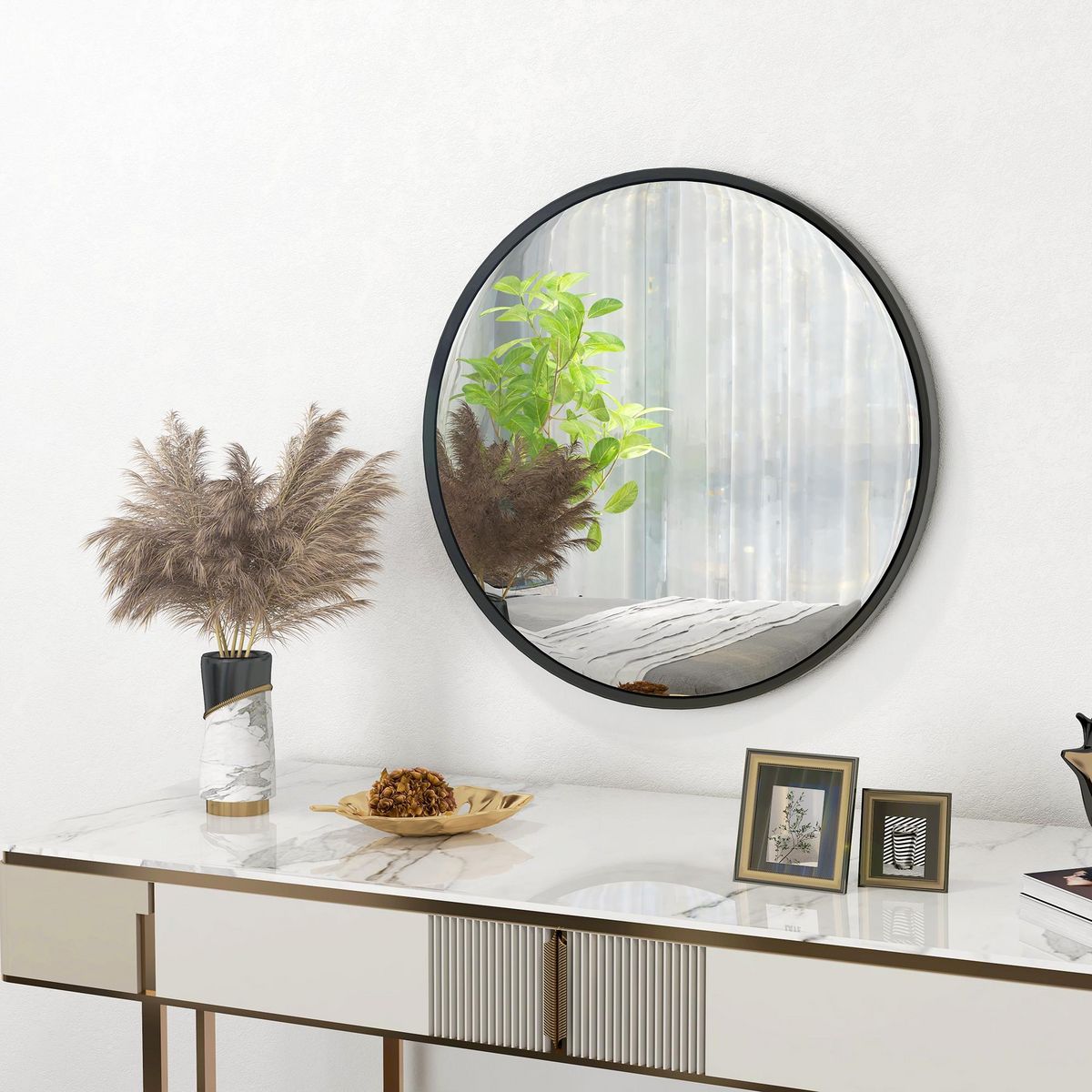 HOMCOM Miroir rond mural diamètre de 61 cm cadre en aluminium style minimaliste décoration noir