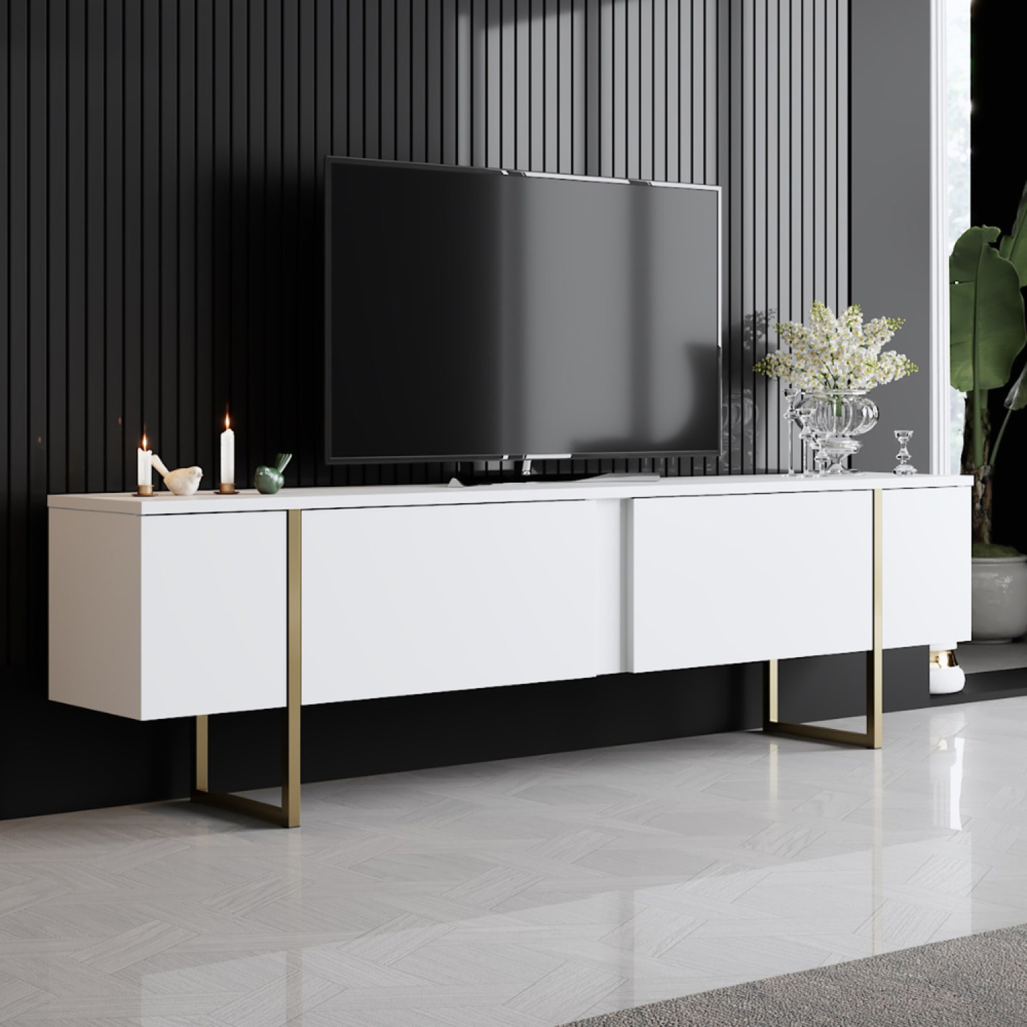 Voir la diapositive 2 : CONCEPT USINE Meuble tv blanc et doré 2 portes 180cm luxor