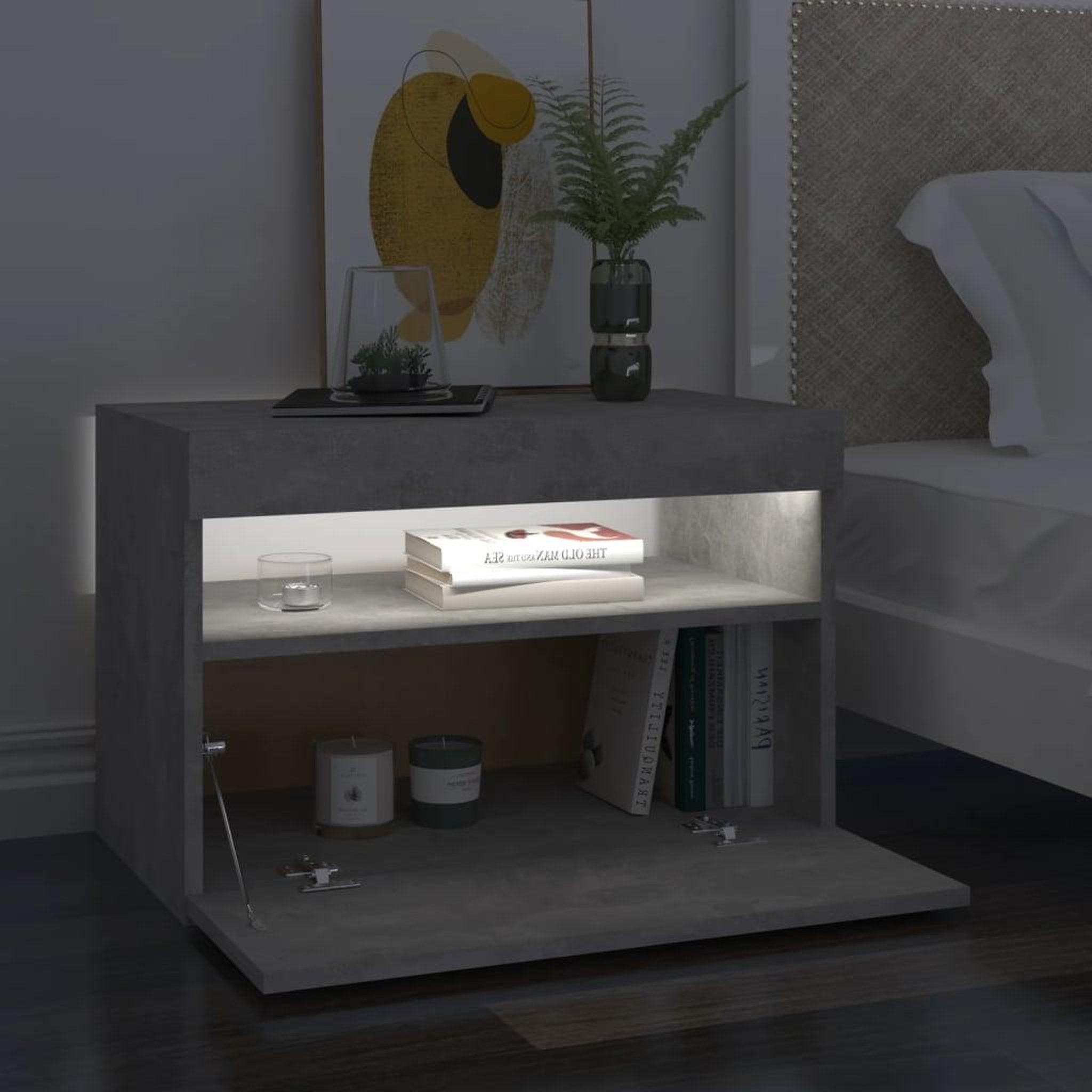 Voir la diapositive 4 : VIDAXL Table de chevet avec lumieres LED gris beton 60x35x40 cm