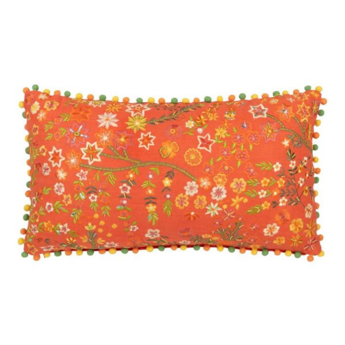 Paris Prix Coussin Déco à Pompons  Fleurs  35x65cm Orange