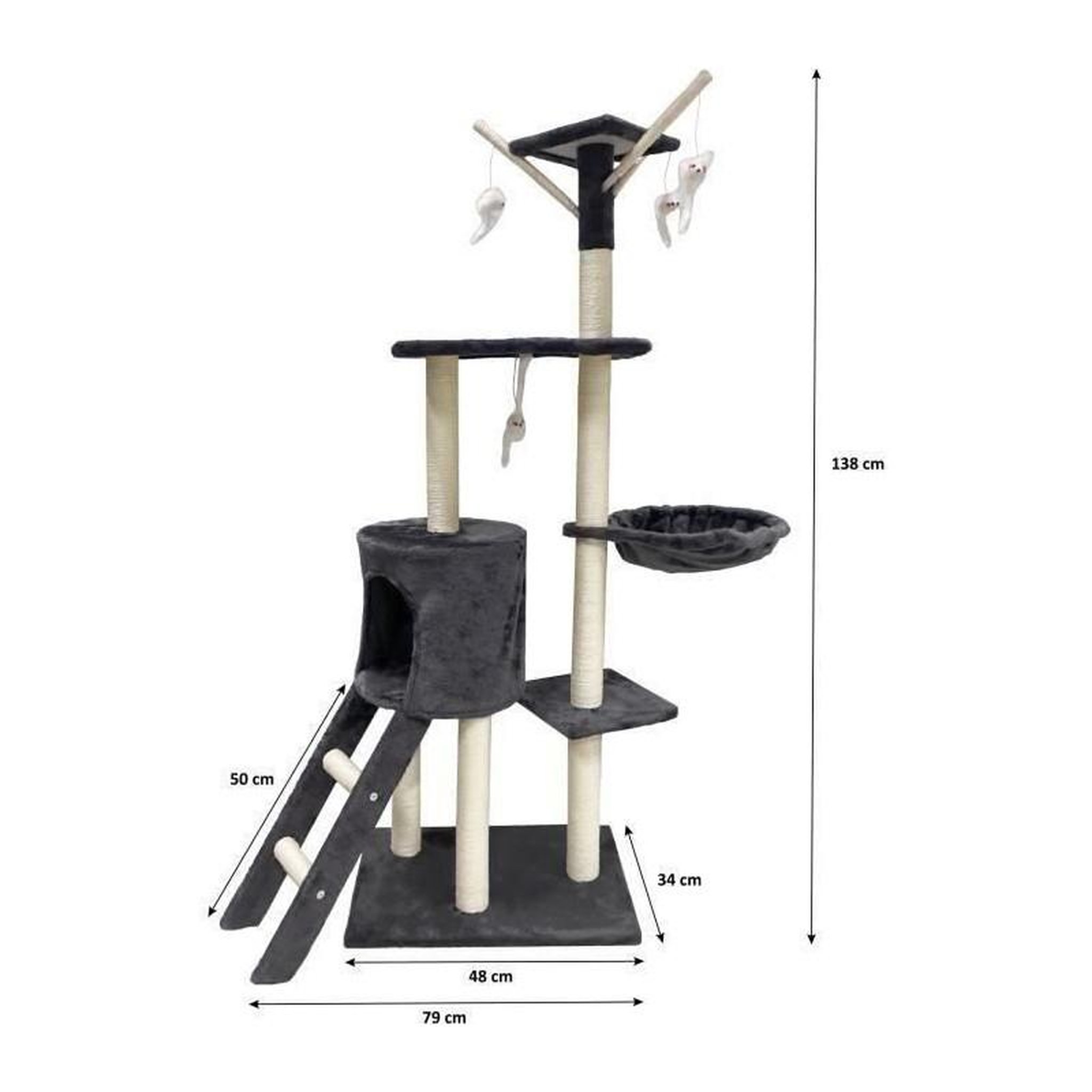 Voir la diapositive 5 : GENERIQUE Arbre a chat - 79 x 34 x 138 cm - JIPSY - Gris foncé - 3 plateformes, 1 perchoir, 1 niche, 1 escalier, poteaux a griffer